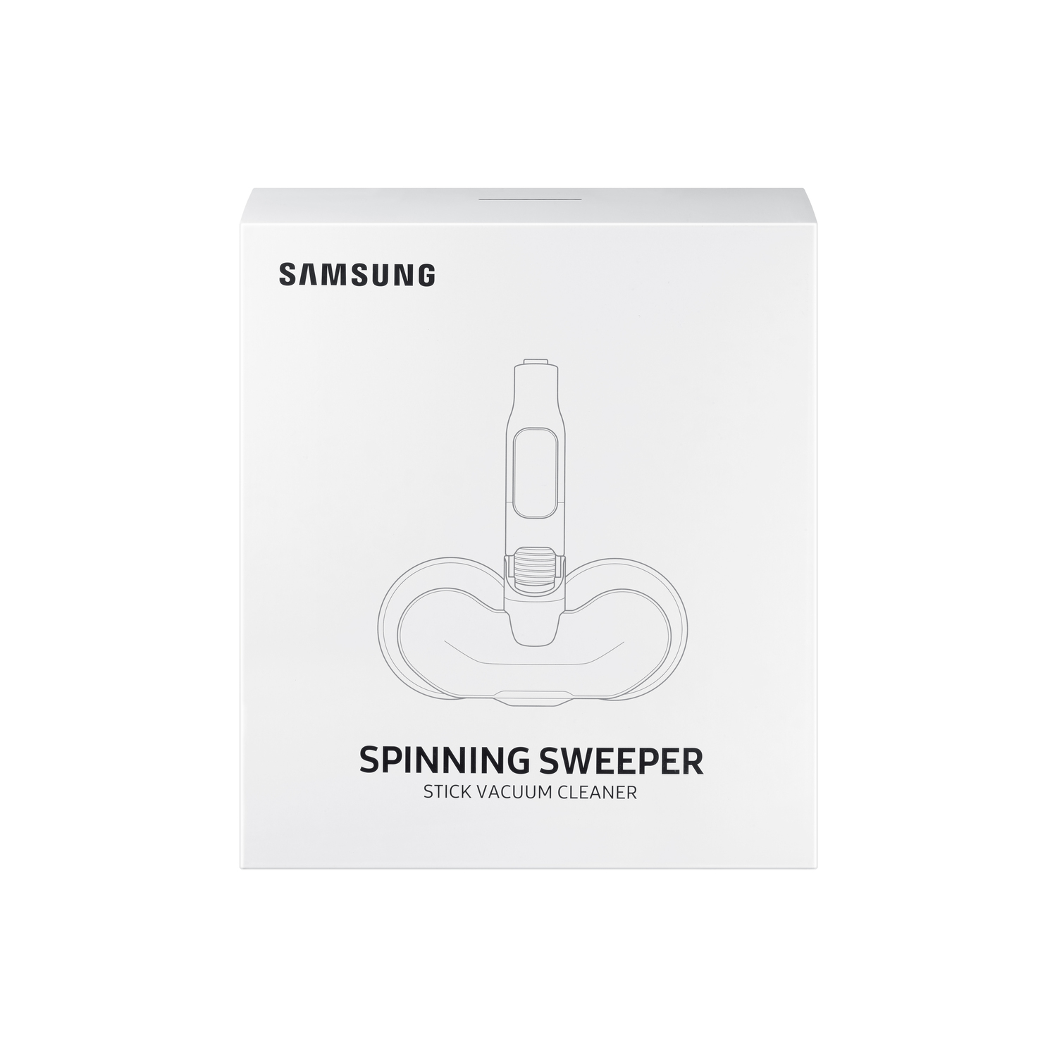 Boîte blanche avec un dessin d'un balayeur rotatif et le texte : 'Spinning Sweeper'.