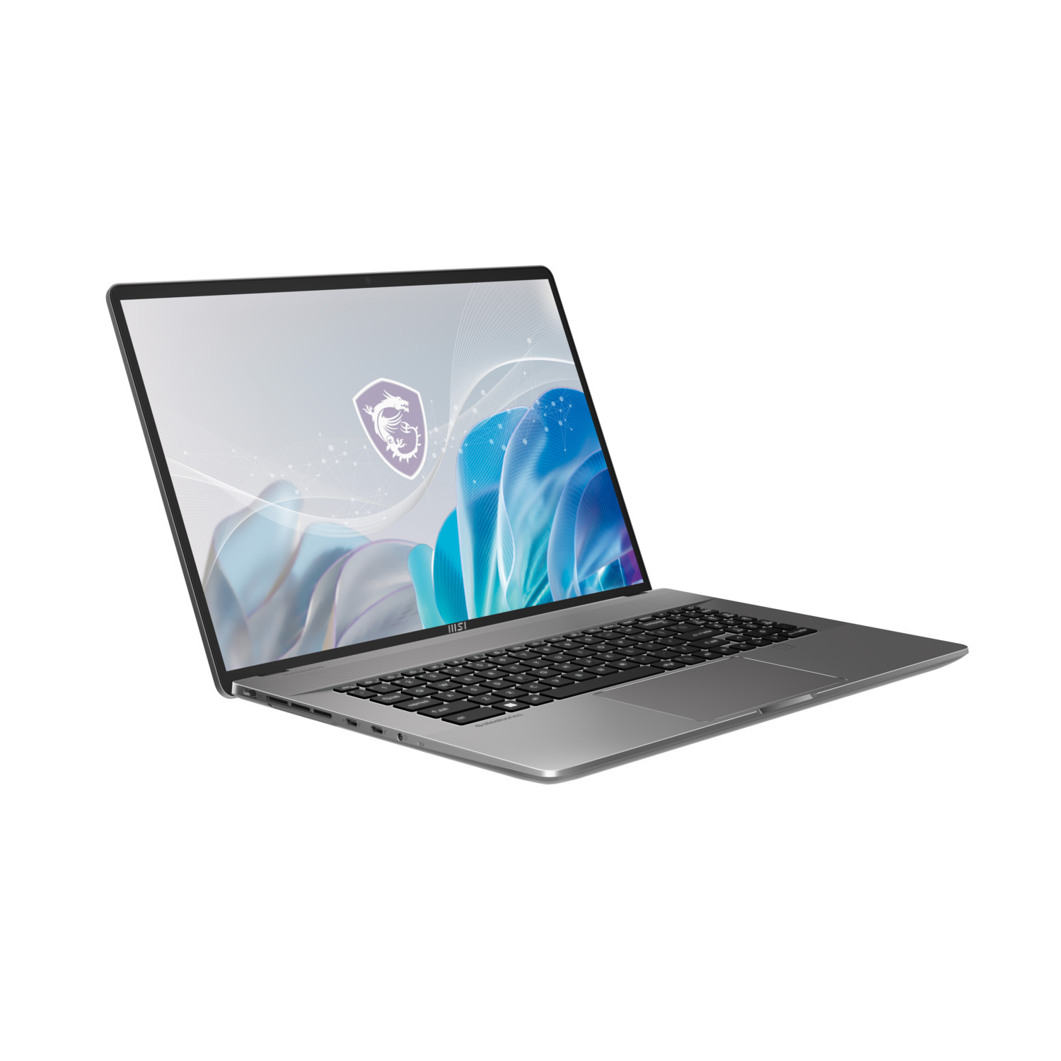 Ordinateur portable argenté avec logo sur écran, sur fond blanc.