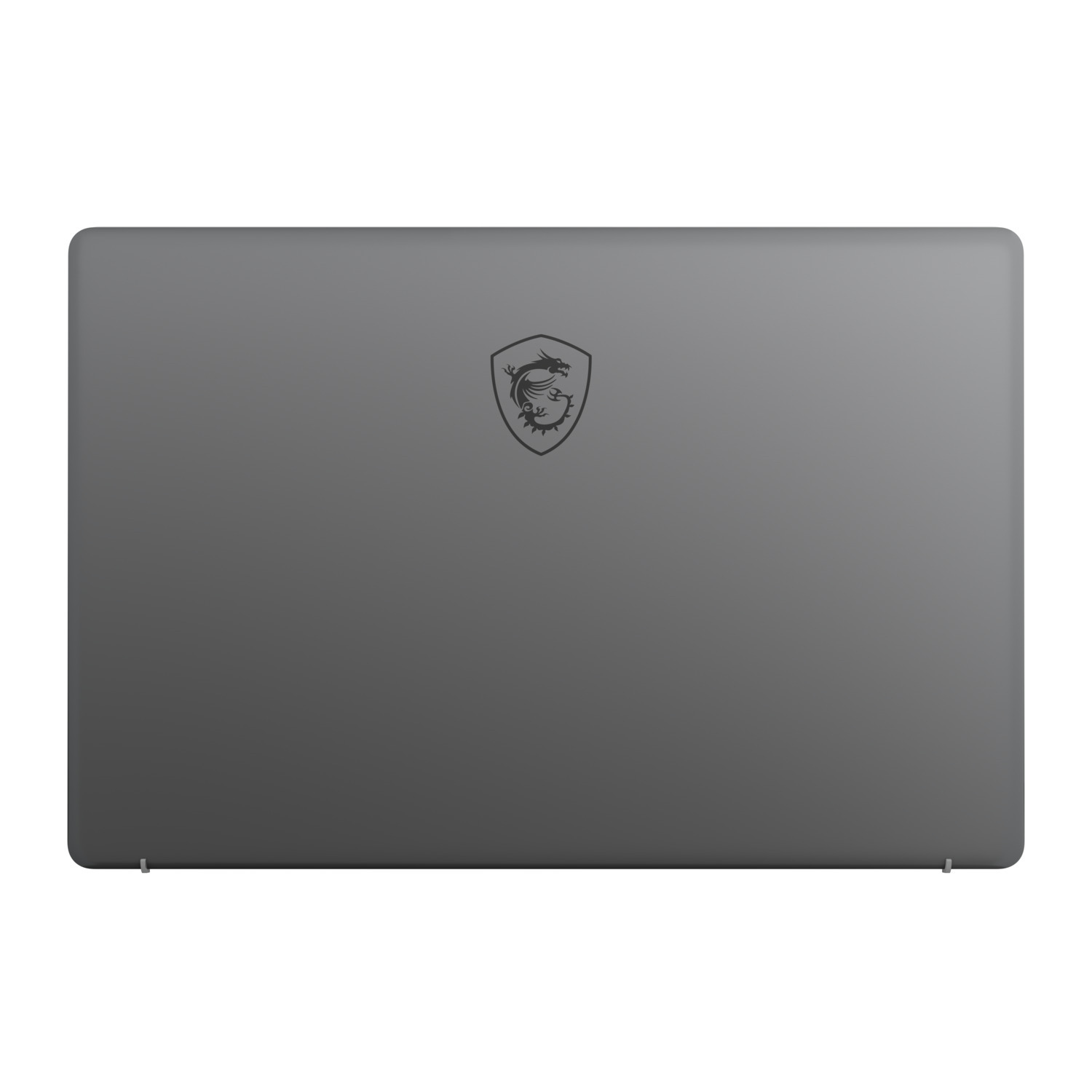 Ordinateur portable gris foncé avec le logo MSI au dos. Le couvercle est fermé. Le fond est blanc.