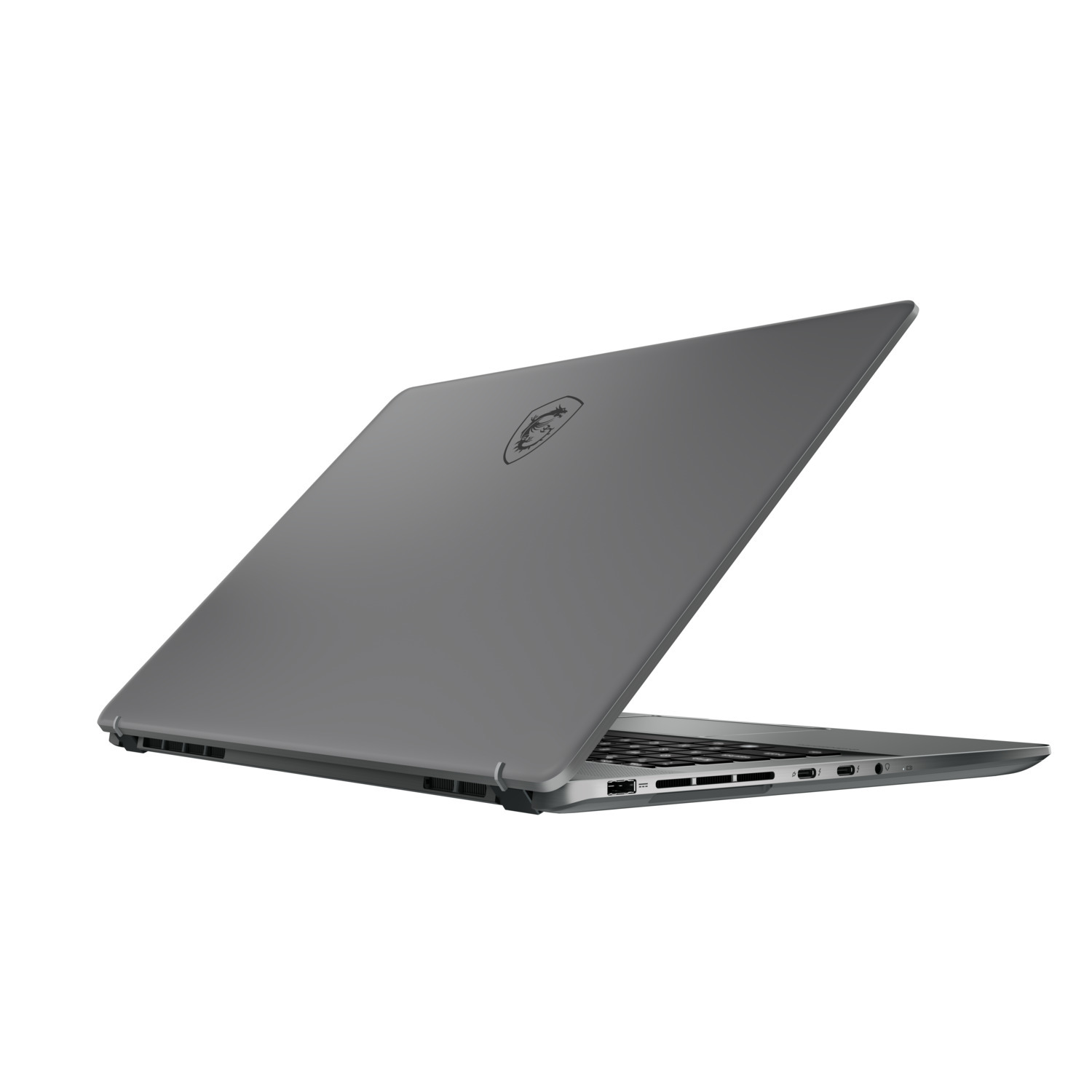 Un ordinateur portable MSI gris, légèrement ouvert, incliné pour montrer l'arrière.