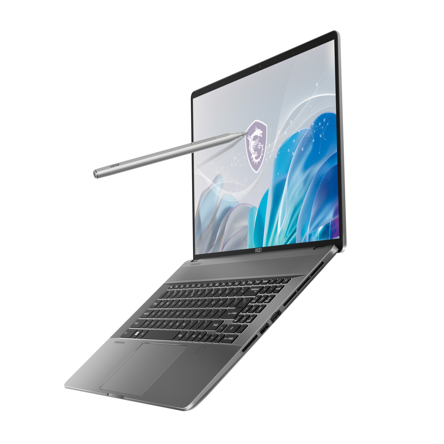 Ordinateur portable argenté avec un stylet, fond blanc. L'écran affiche un logo et un design bleu.