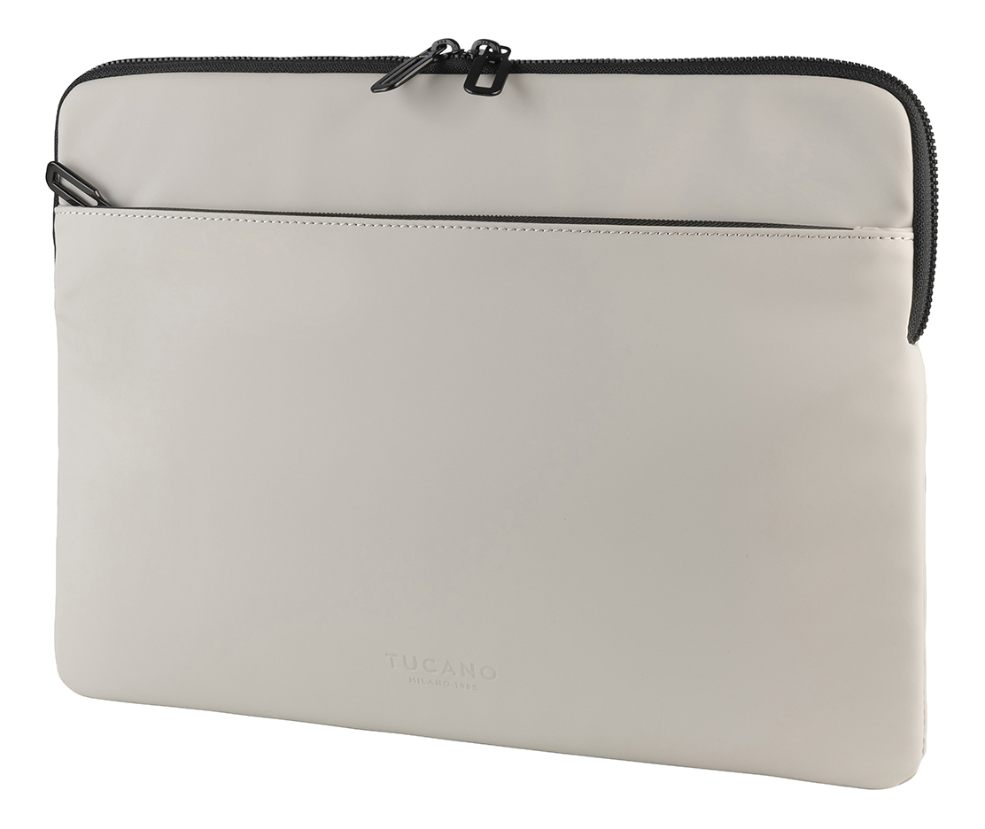 Custodia per laptop grigio chiaro con cerniera nera e sfondo nero.