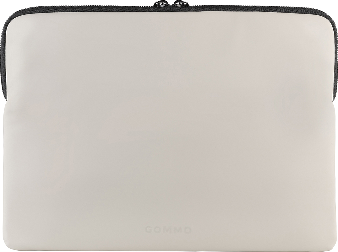 Una custodia piatta per laptop color crema con cerniera nera.