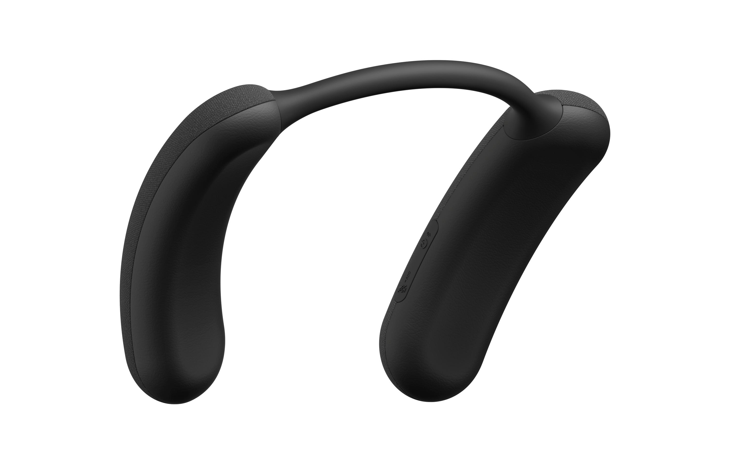Schwarze Nackenbügel-Kopfhörer mit geschwungenem Design und schlanker, minimalistischer Ästhetik.