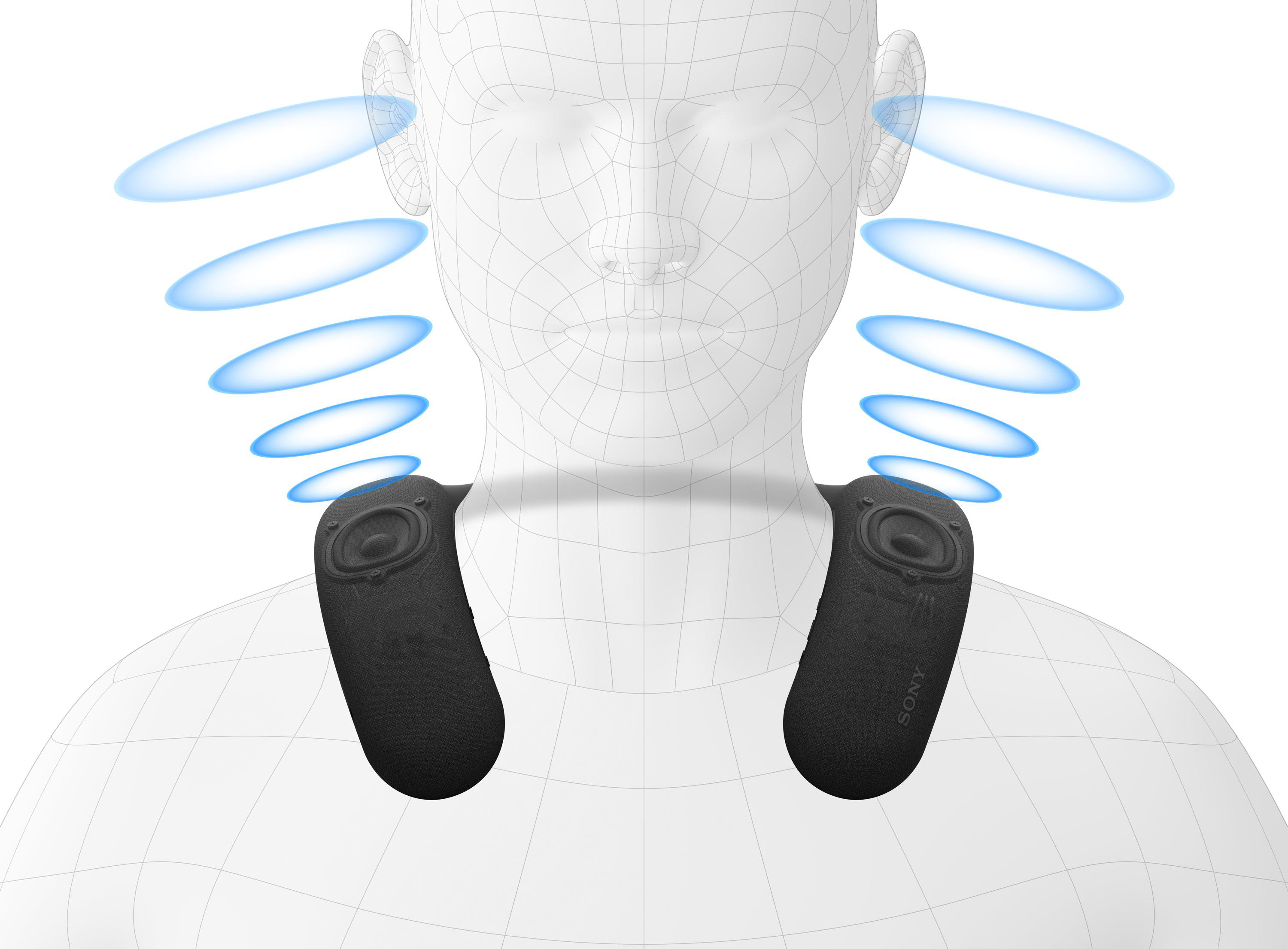 Diagramm zeigt Person mit Nackenbügel-Lautsprecher. Schallwellen illustriert.