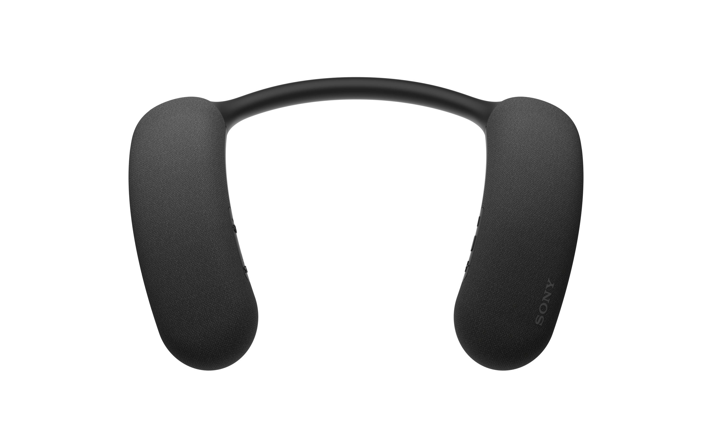 Schwarzer Nackenbügel-Kopfhörer. Das Design ist geschwungen, mit zwei gepolsterten Ohrmuscheln. Das Sony-Logo ist sichtbar.