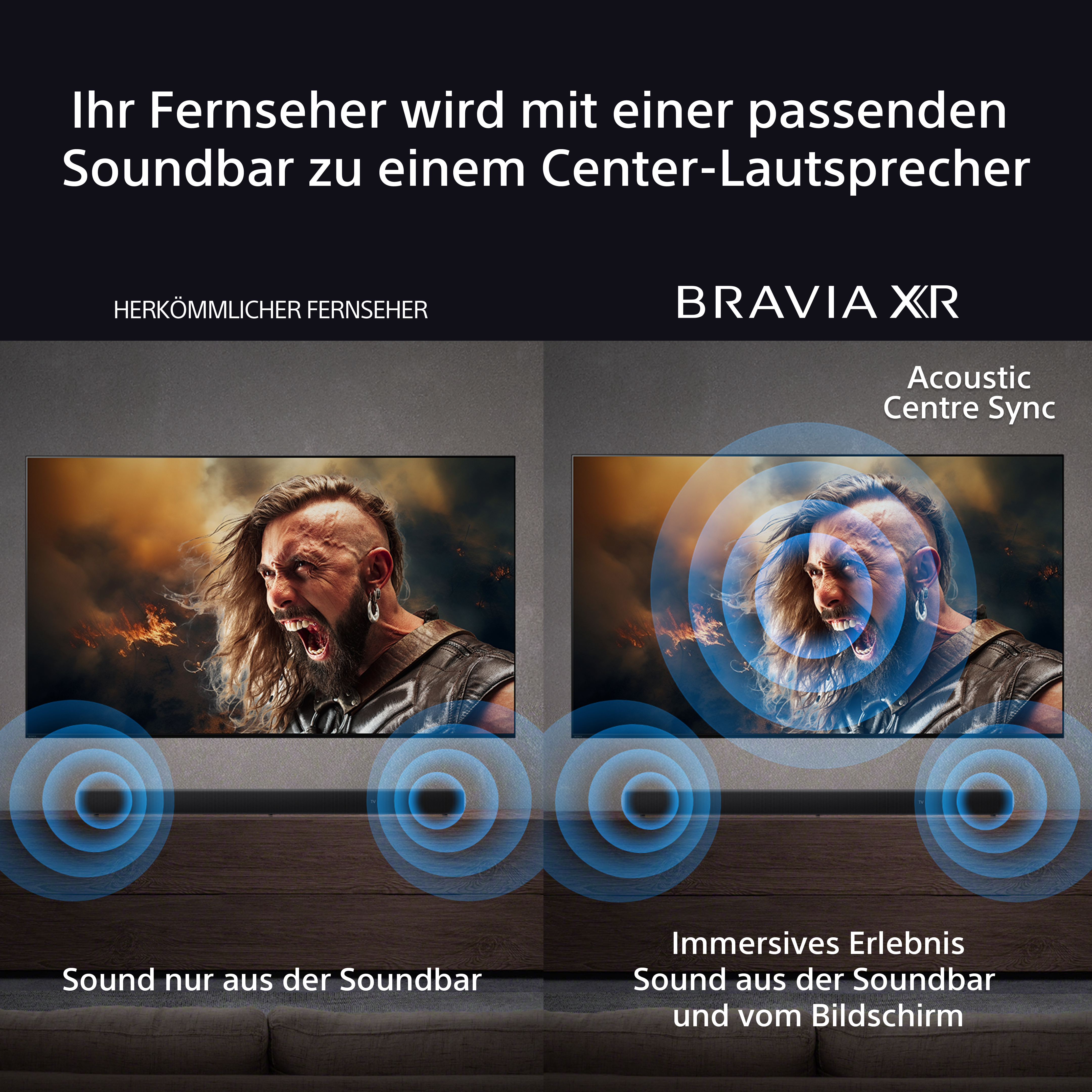 Ein geteiltes Bild zeigt einen Mann, der auf einem Fernseher mit und ohne Soundbar schreit. Die Soundbar liefert besseren Sound.