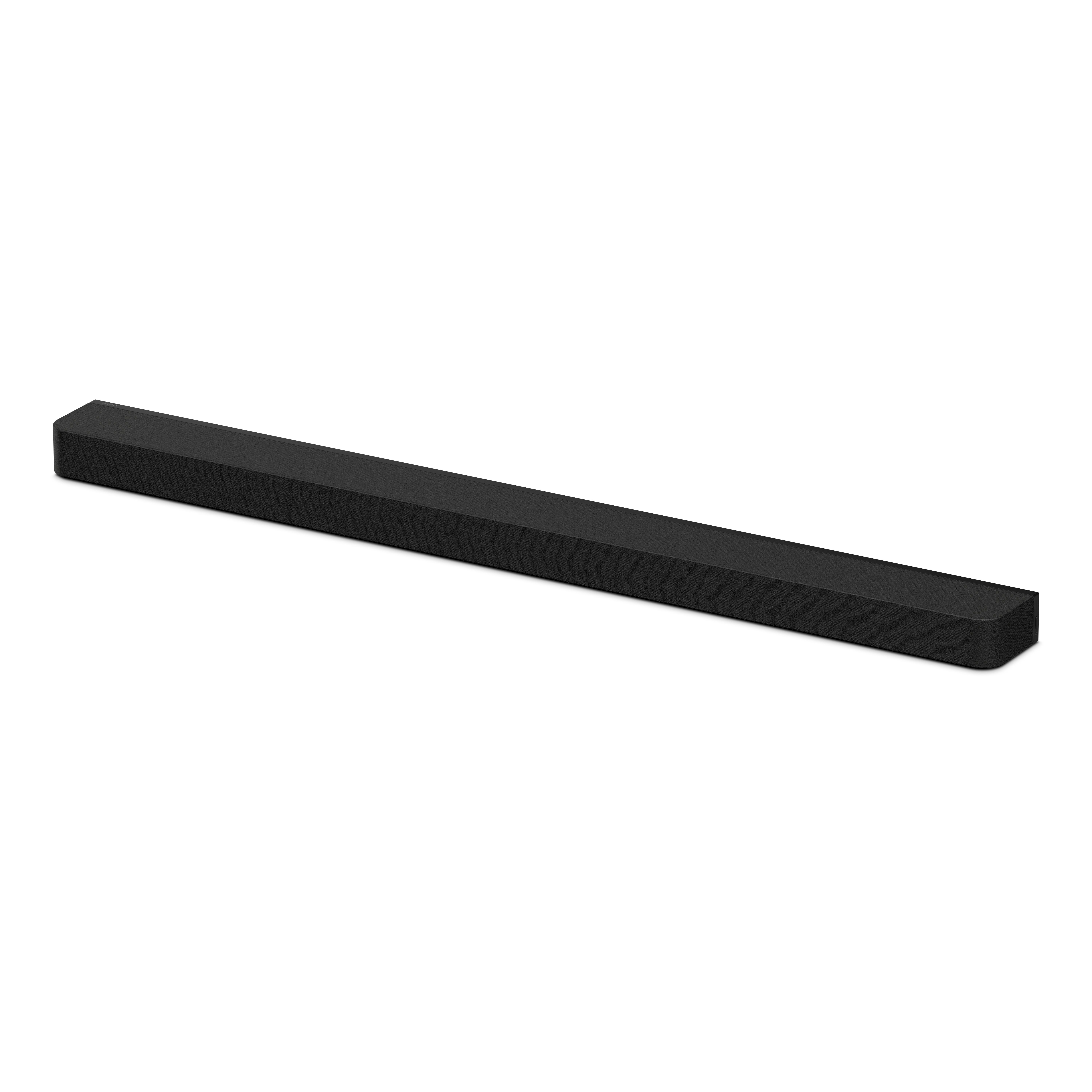 Eine schwarze Soundbar auf weißem Hintergrund.