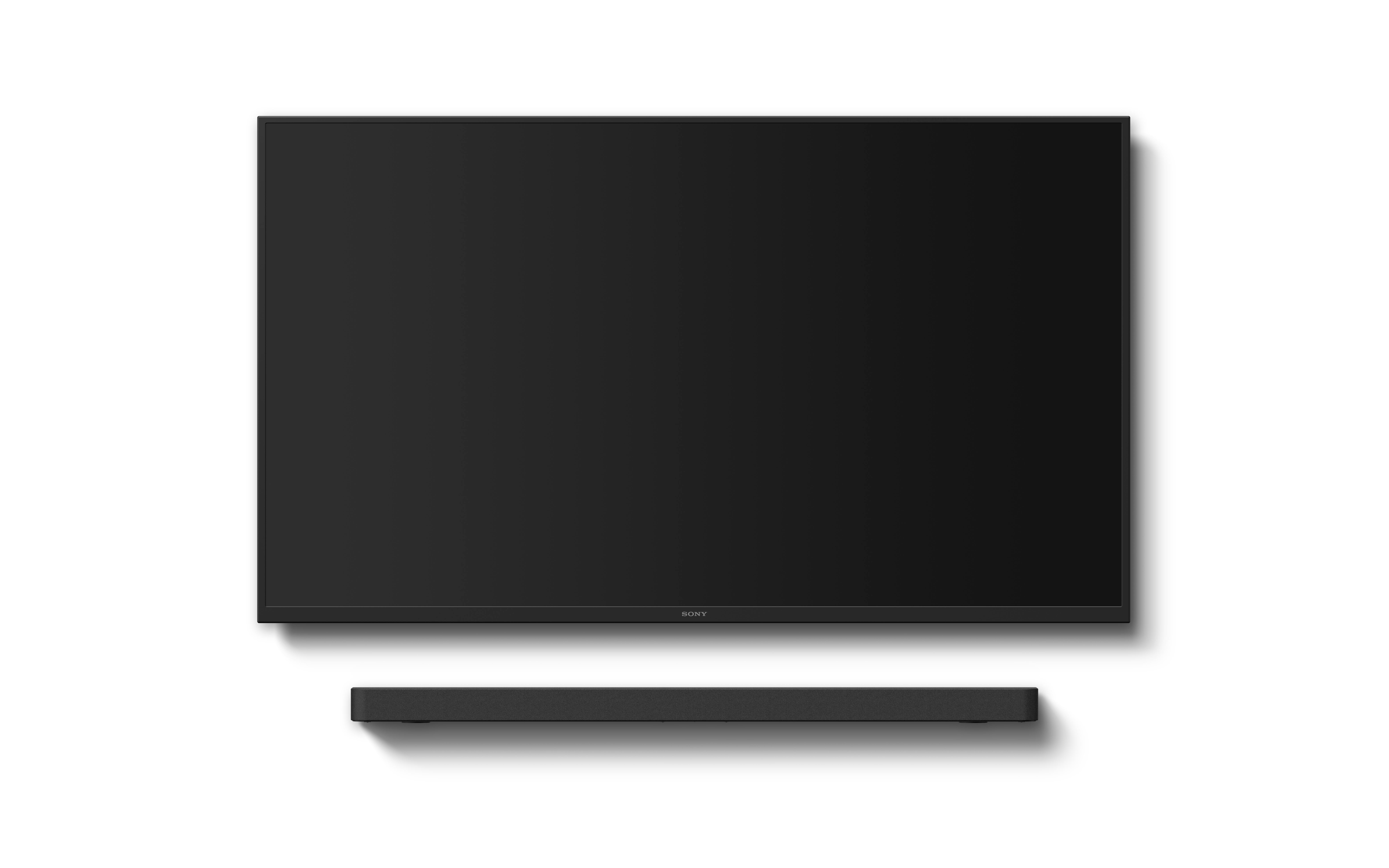 Schwarzer Fernseher und Soundbar vor weißem Hintergrund. Einfache, klare Komposition.