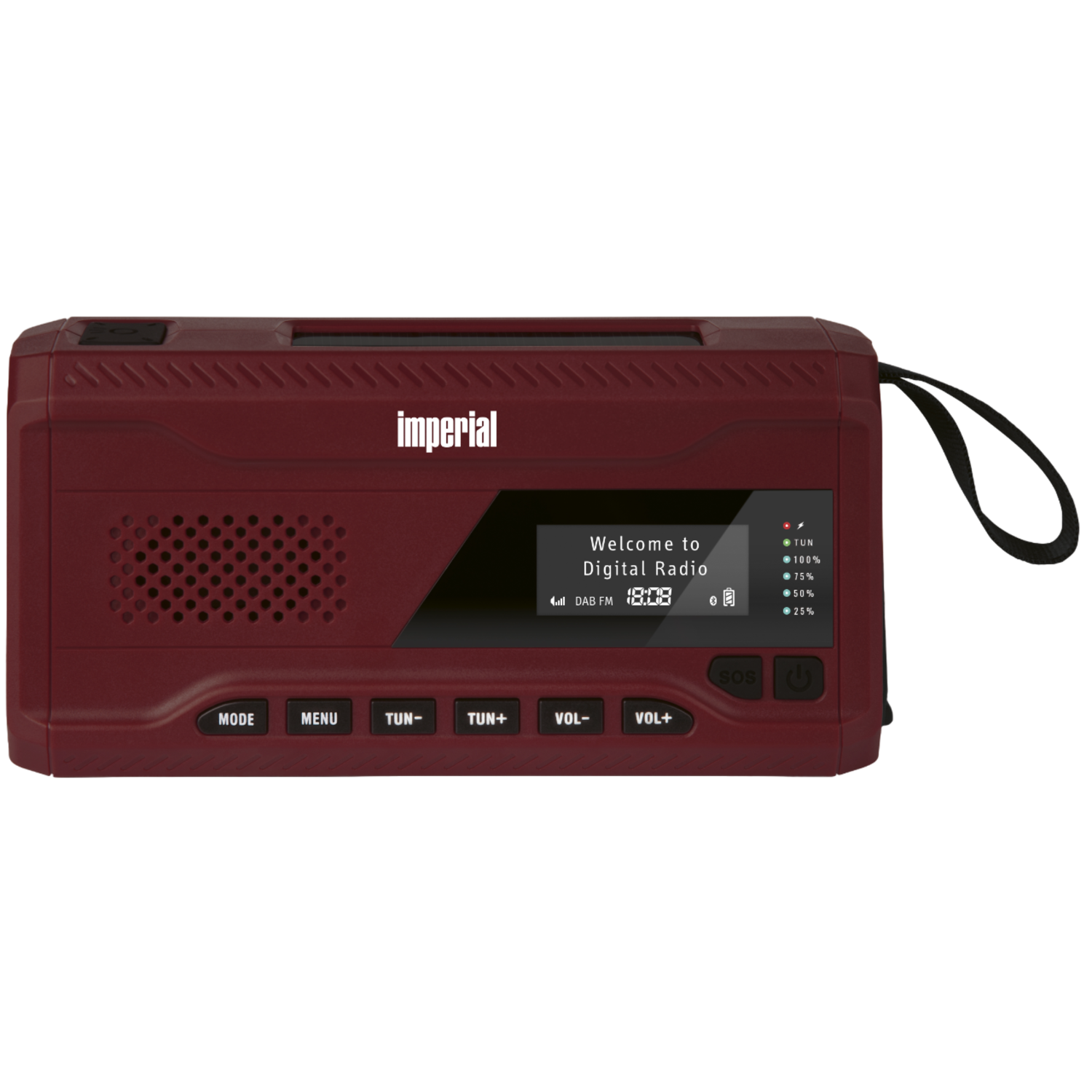 Rode digitale radio met een display, knoppen en een antenne.