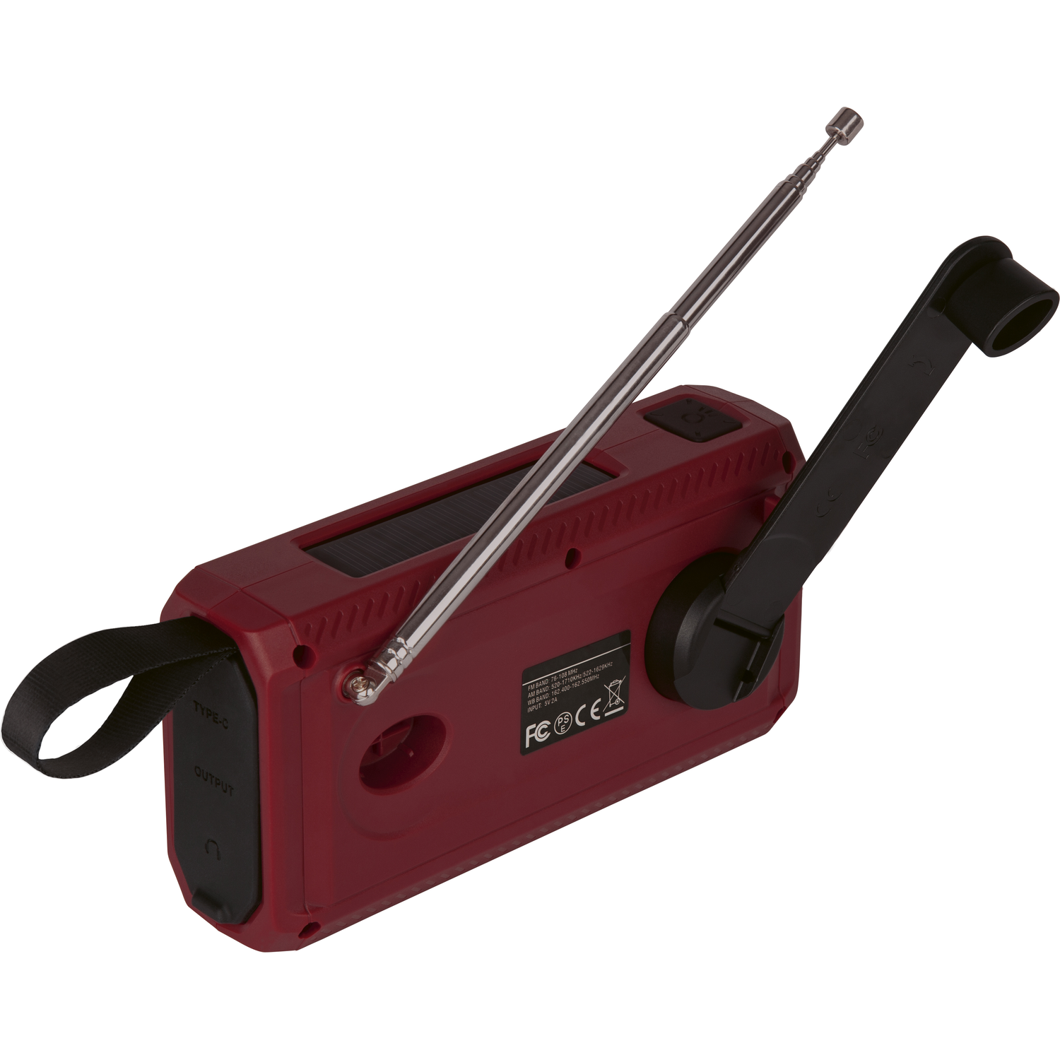 Een rood-zwarte handslinger radio met een antenne en zonnepaneel.