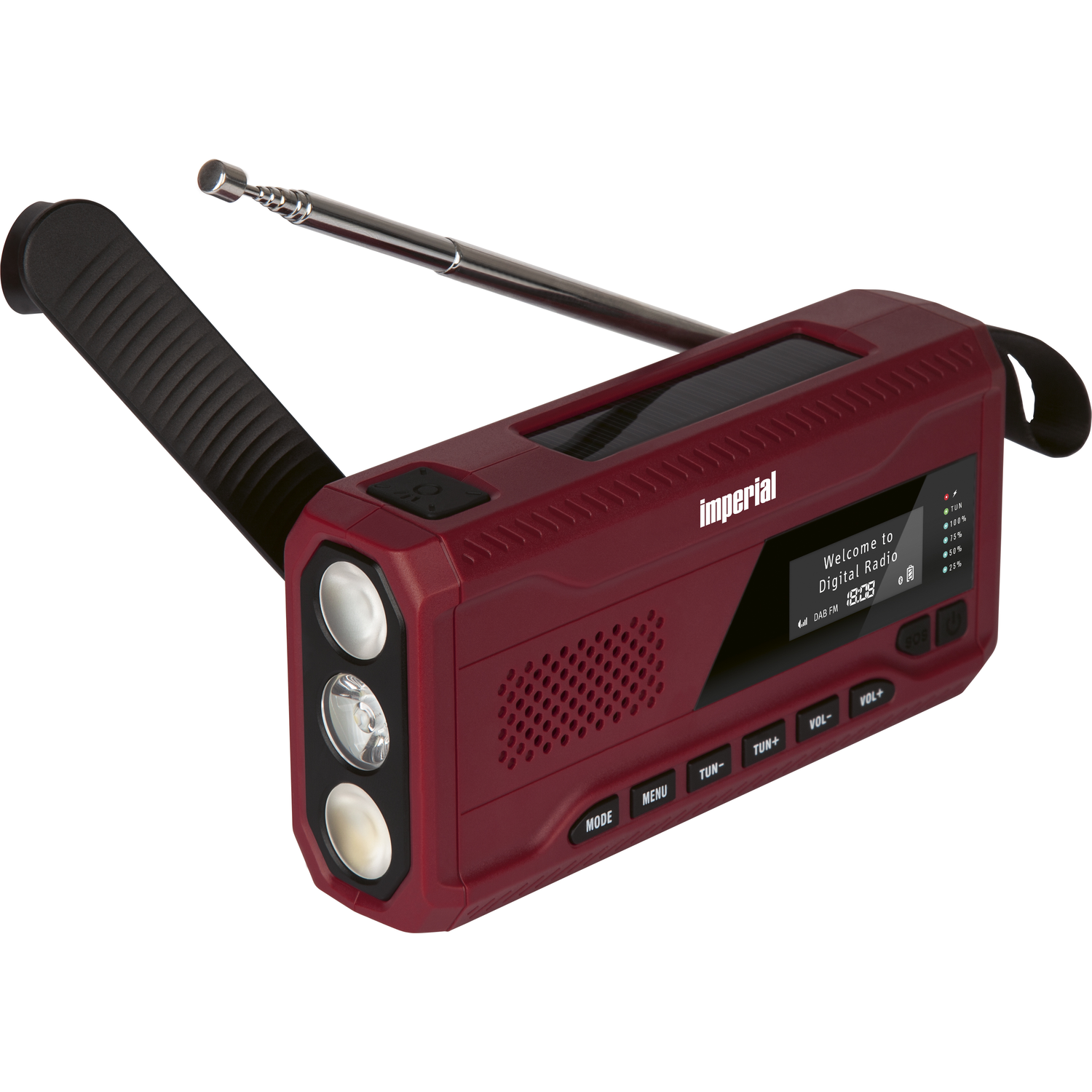 Rode en zwarte digitale radio met handvat, zonnepaneel en uitgeschoven antenne.