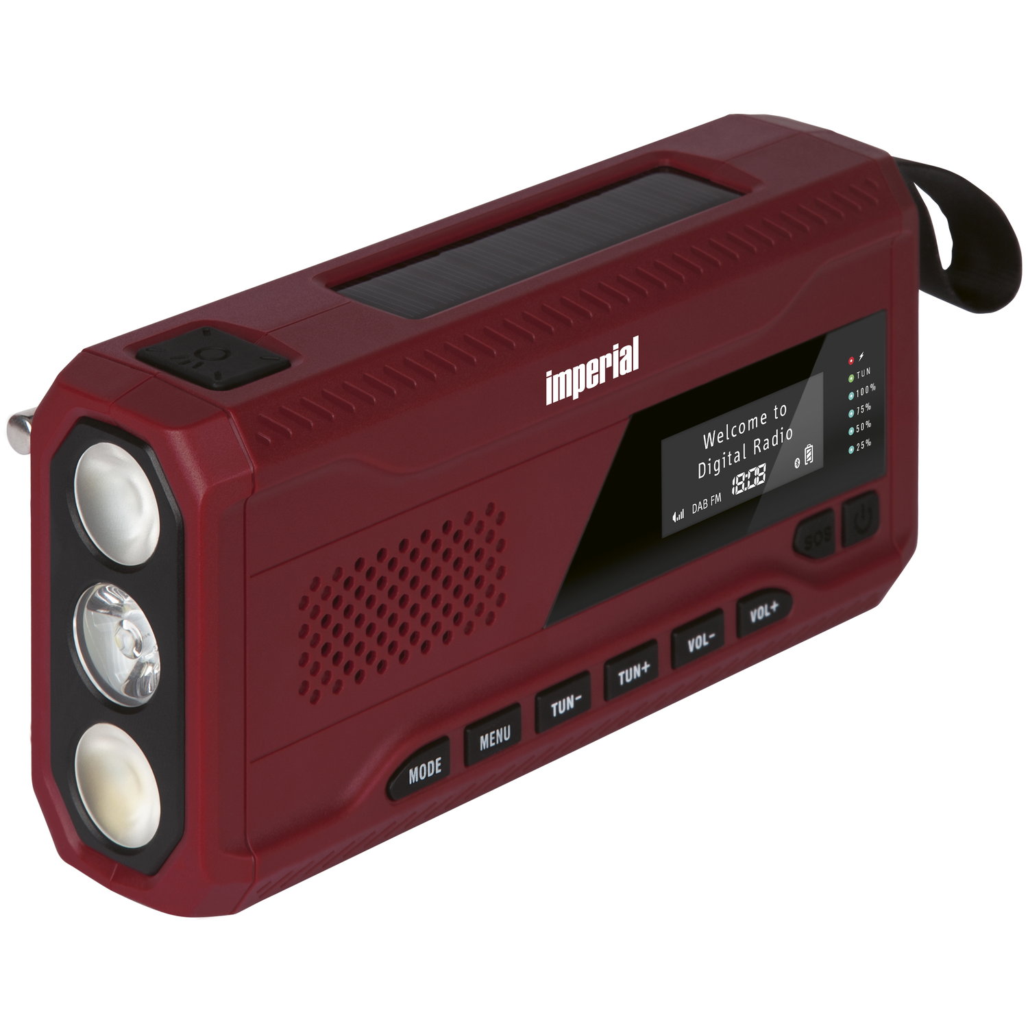 Een rode draagbare radio met een zaklamp, een scherm en diverse knoppen.