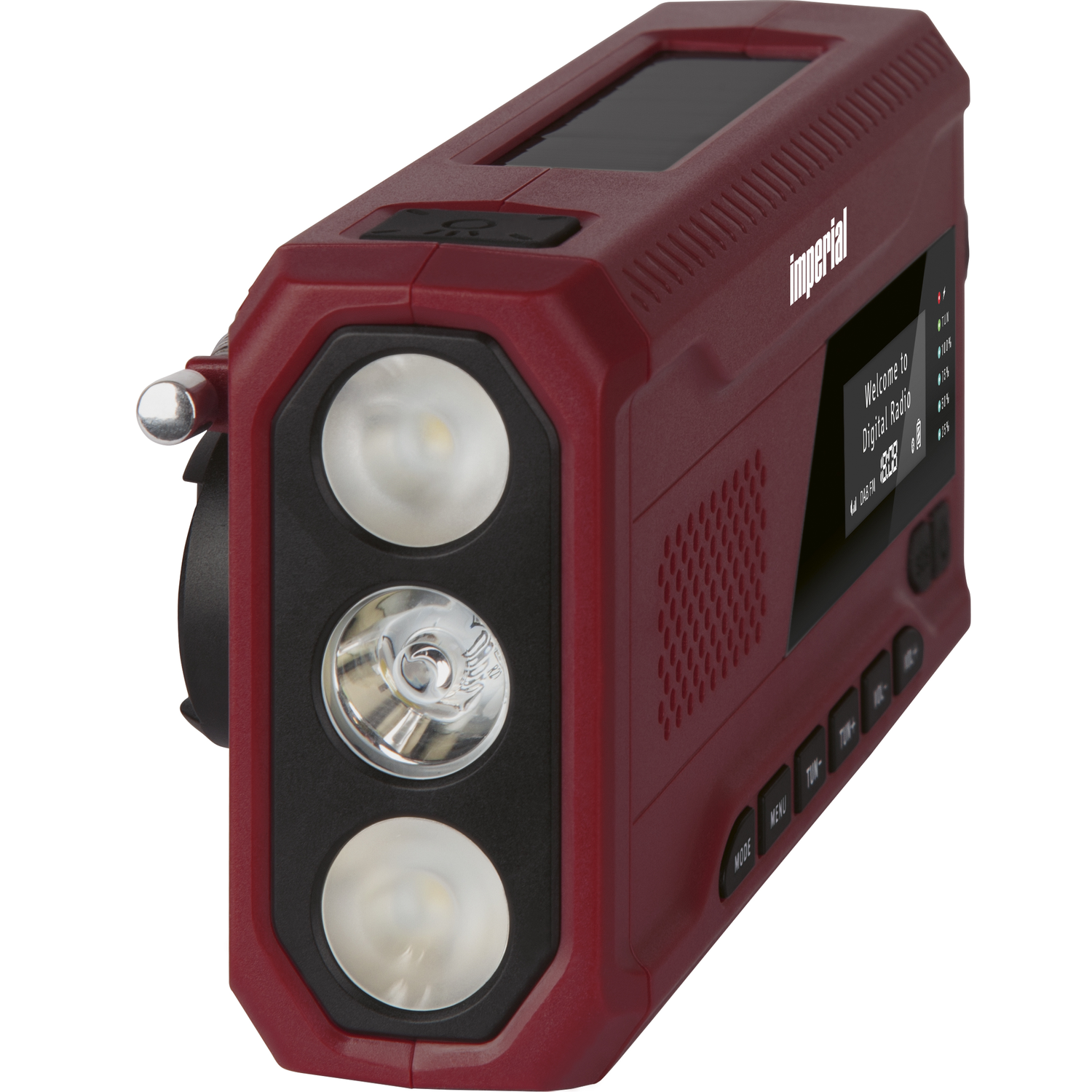 Rode noodradio met zaklamp, zonnepaneel en digitaal display. Knoppen voor functies.