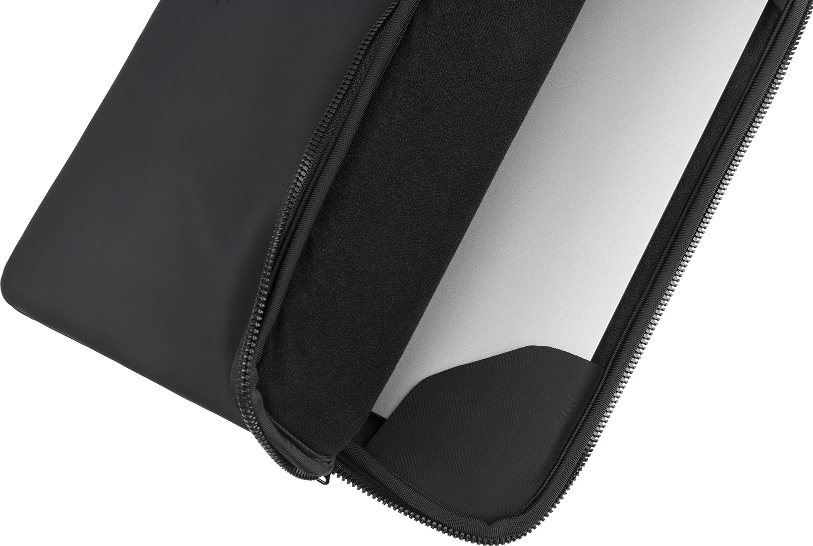 Custodia per laptop nera con cerniera aperta, che mostra l'interno e un foglio bianco.