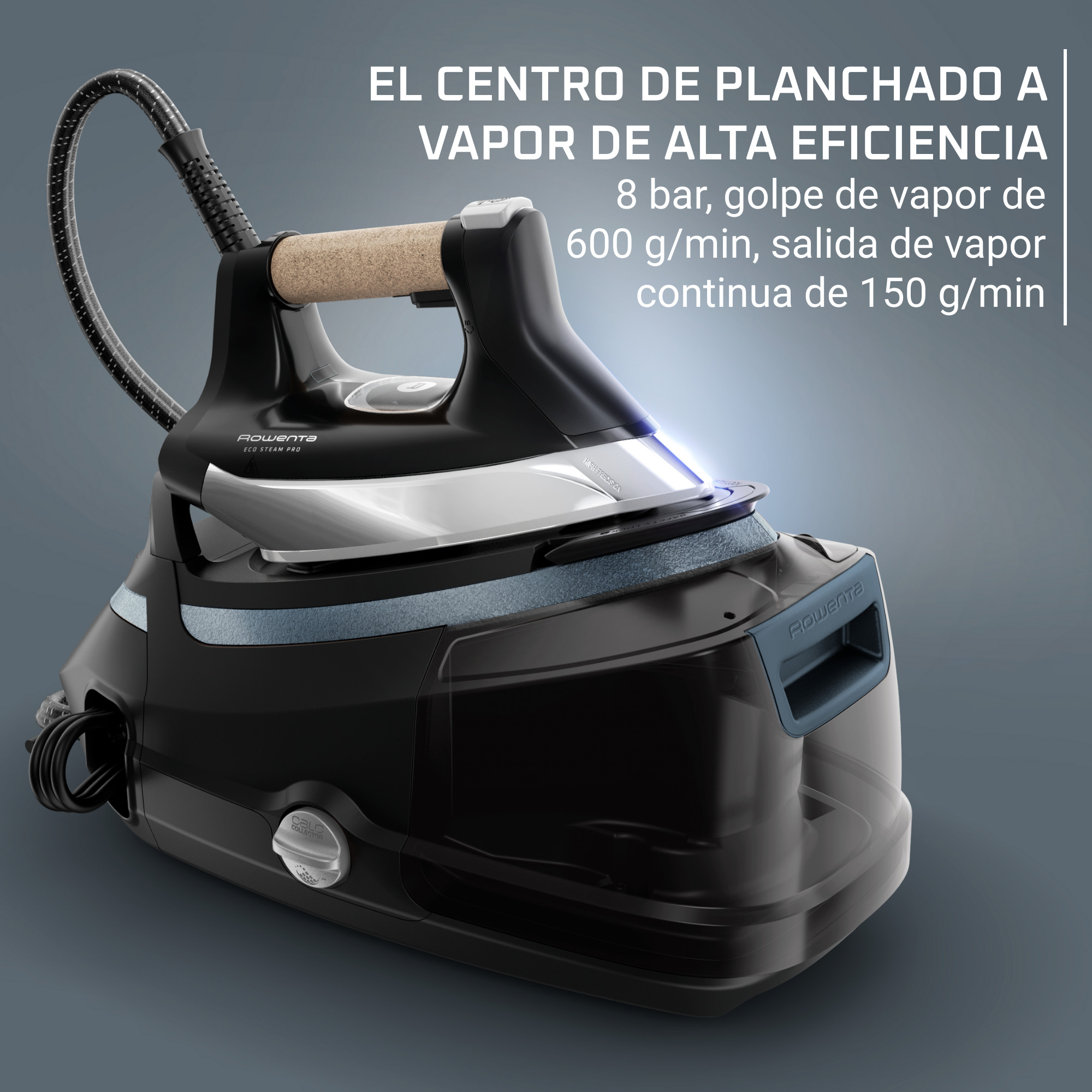 Plancha negra y plateada con un depósito de agua azul, texto en el fondo.