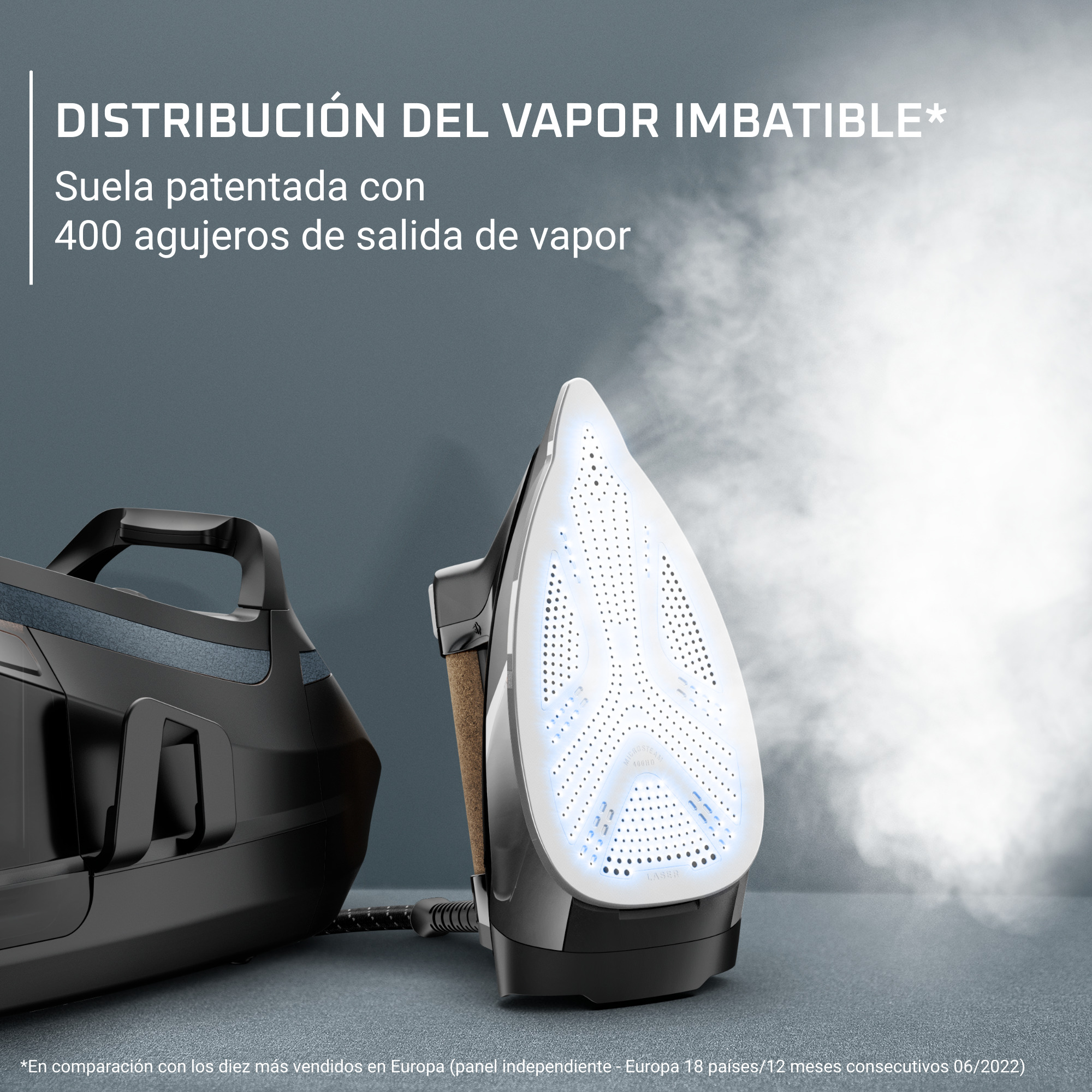Una plancha con luces azules y vapor.