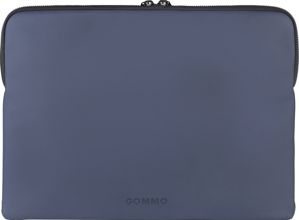Custodia blu per laptop con cerniera nera e logo GOMMO in basso, su sfondo bianco.