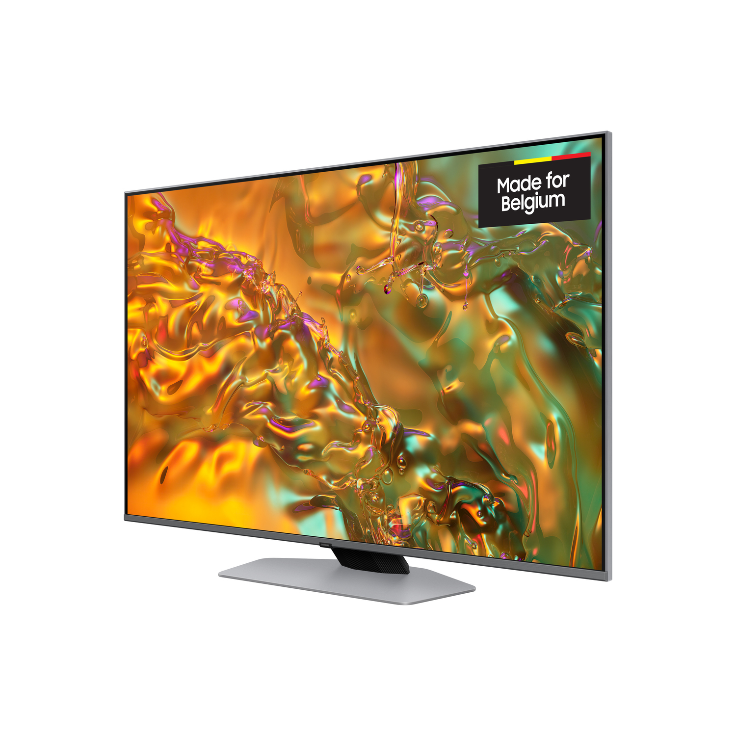 Groot tv-scherm, gele en groene abstracte kunst, zilveren standaard.