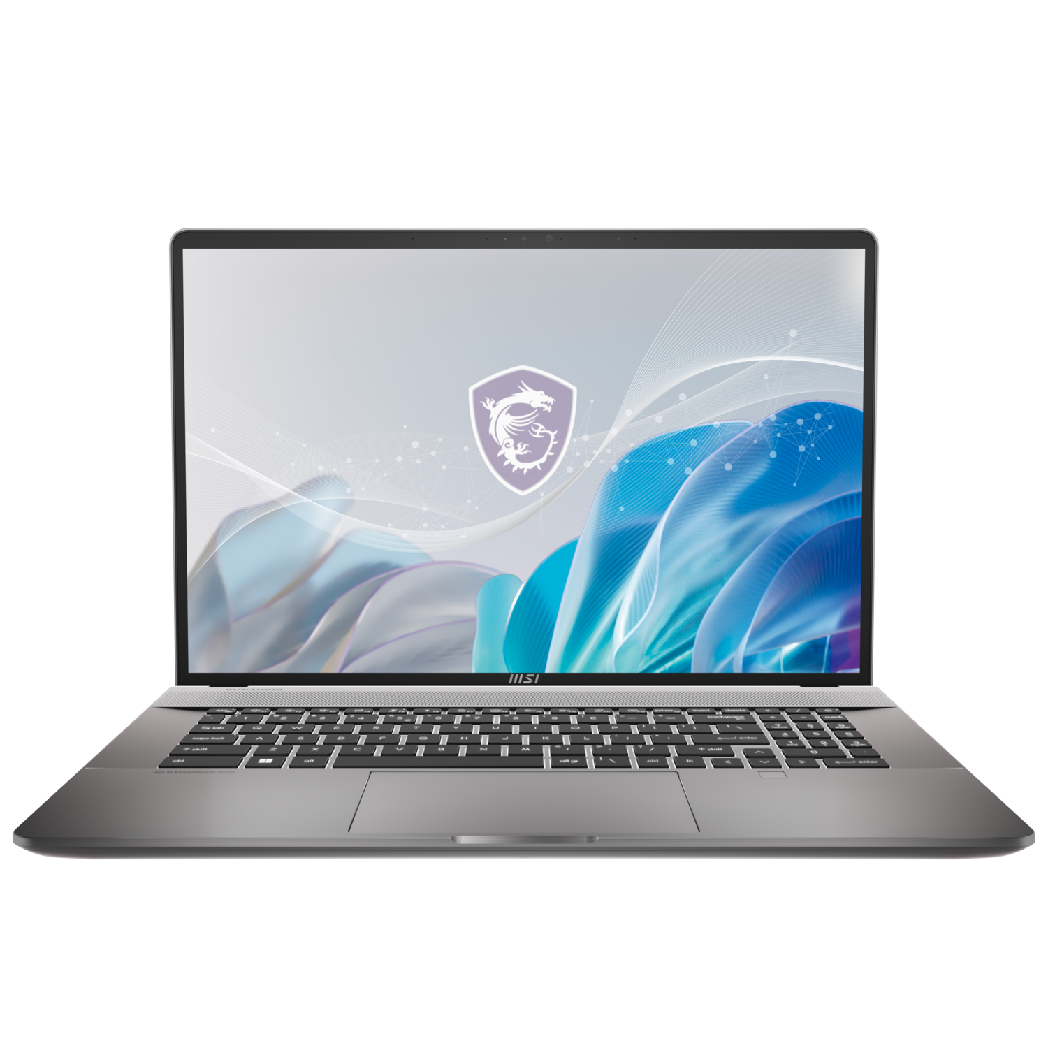 Een zilveren laptop met een scherm waarop een logo met een draak en blauwe abstracte vormen te zien is.