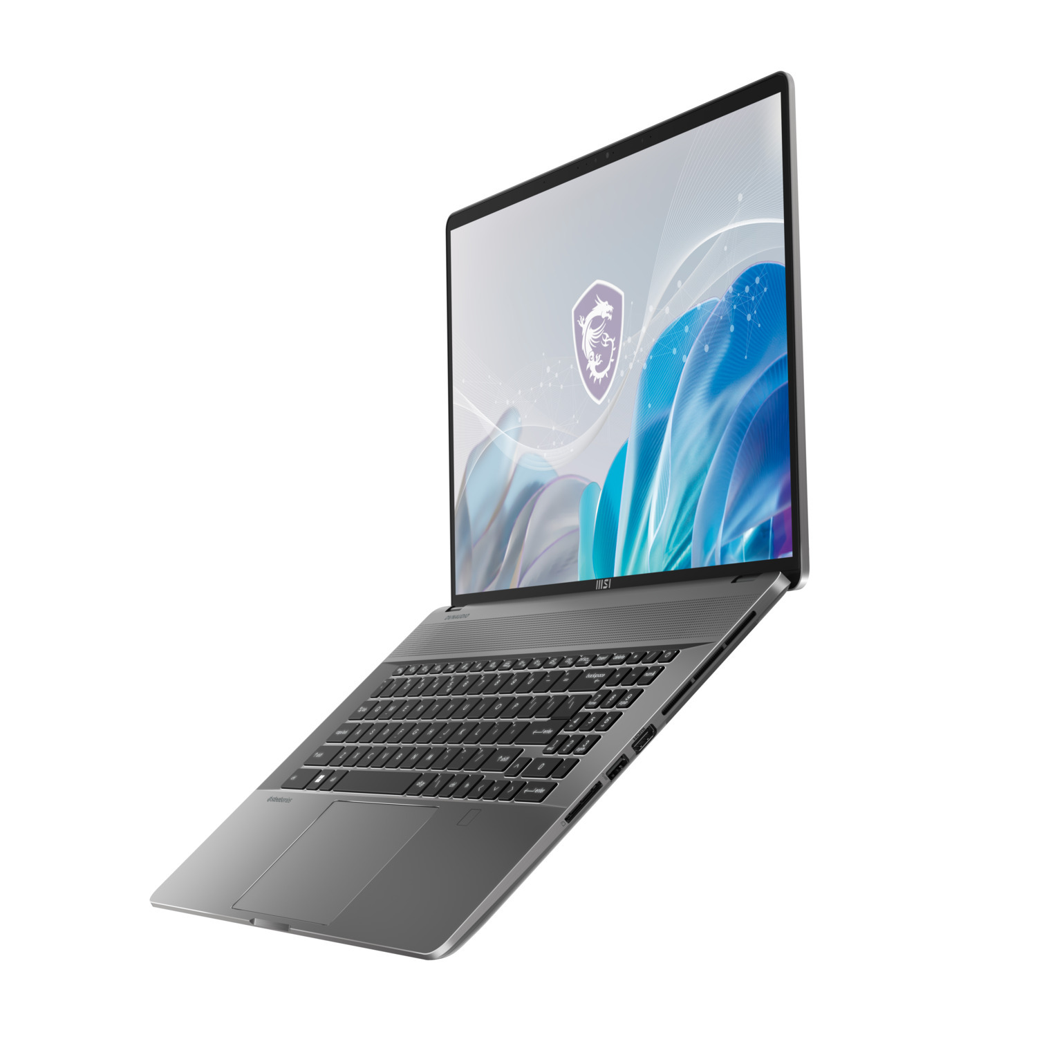 Een grijze laptop op een witte achtergrond, licht gekanteld. Het scherm toont een logo en blauwe vormen.
