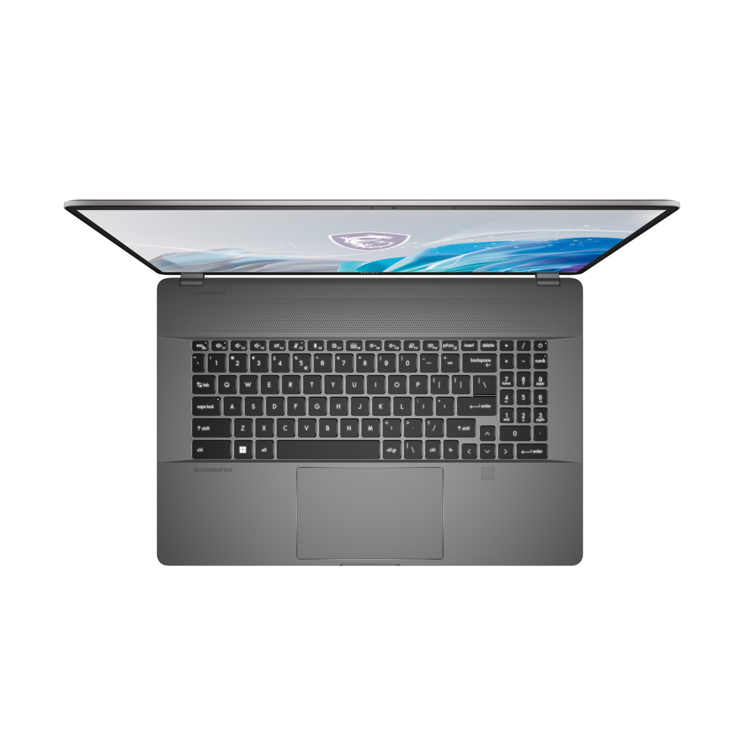 Een laptop met een open scherm, met het toetsenbord en touchpad.