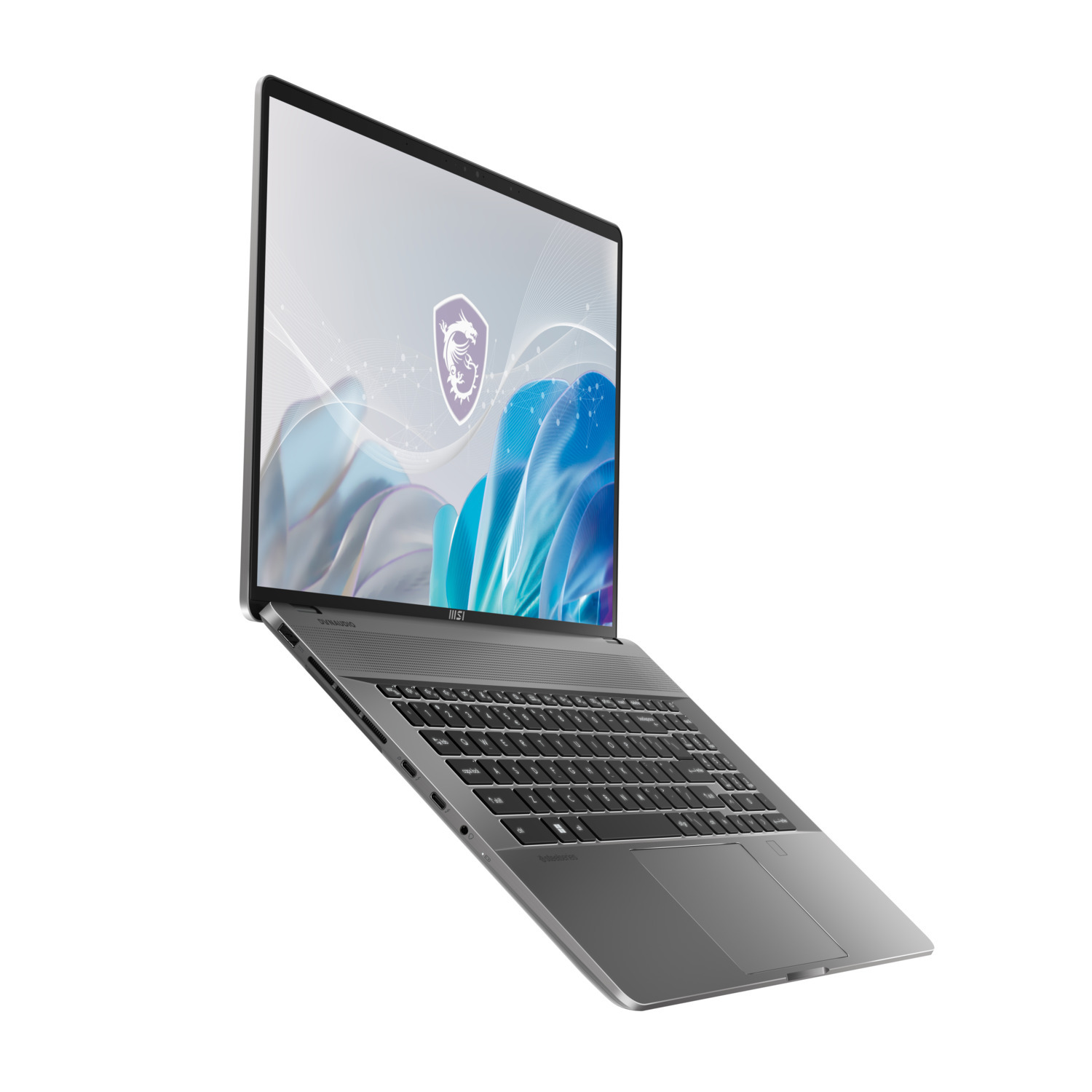 Zilveren laptop met een toetsenbord en scherm met een logo, op een witte achtergrond.