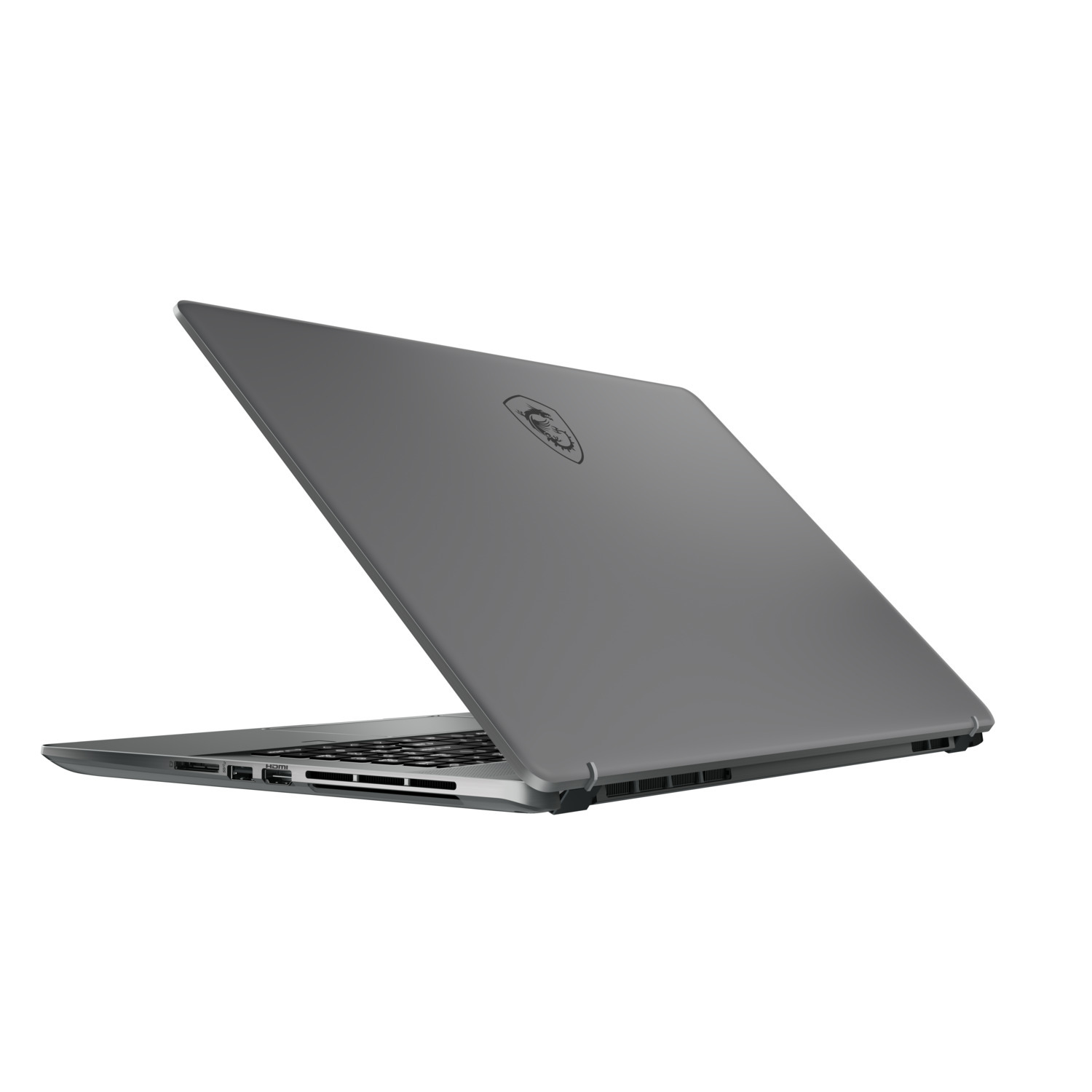 Grijze laptop, onder een hoek geopend, toont de achterkant en zijkant. Het scherm is dicht.