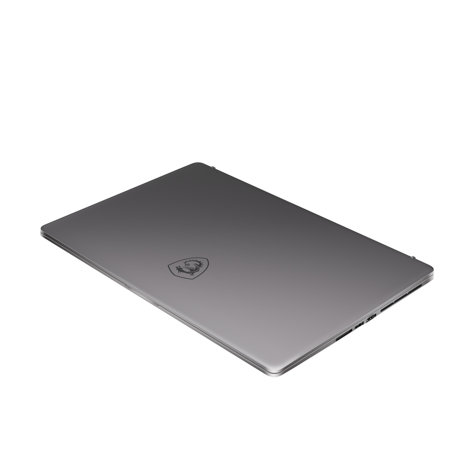 Een gesloten, grijze laptop wordt onder een hoek getoond tegen een witte achtergrond.