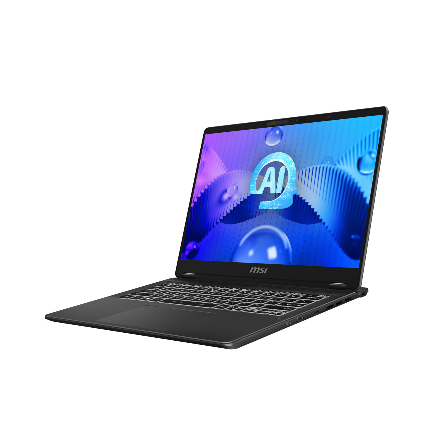 A black MSI laptop is shown at an angle. The screen shows an AI graphic.