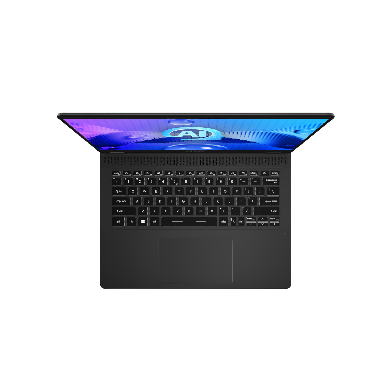 Black laptop, opened, showing keyboard and screen with AI logo, on white background.