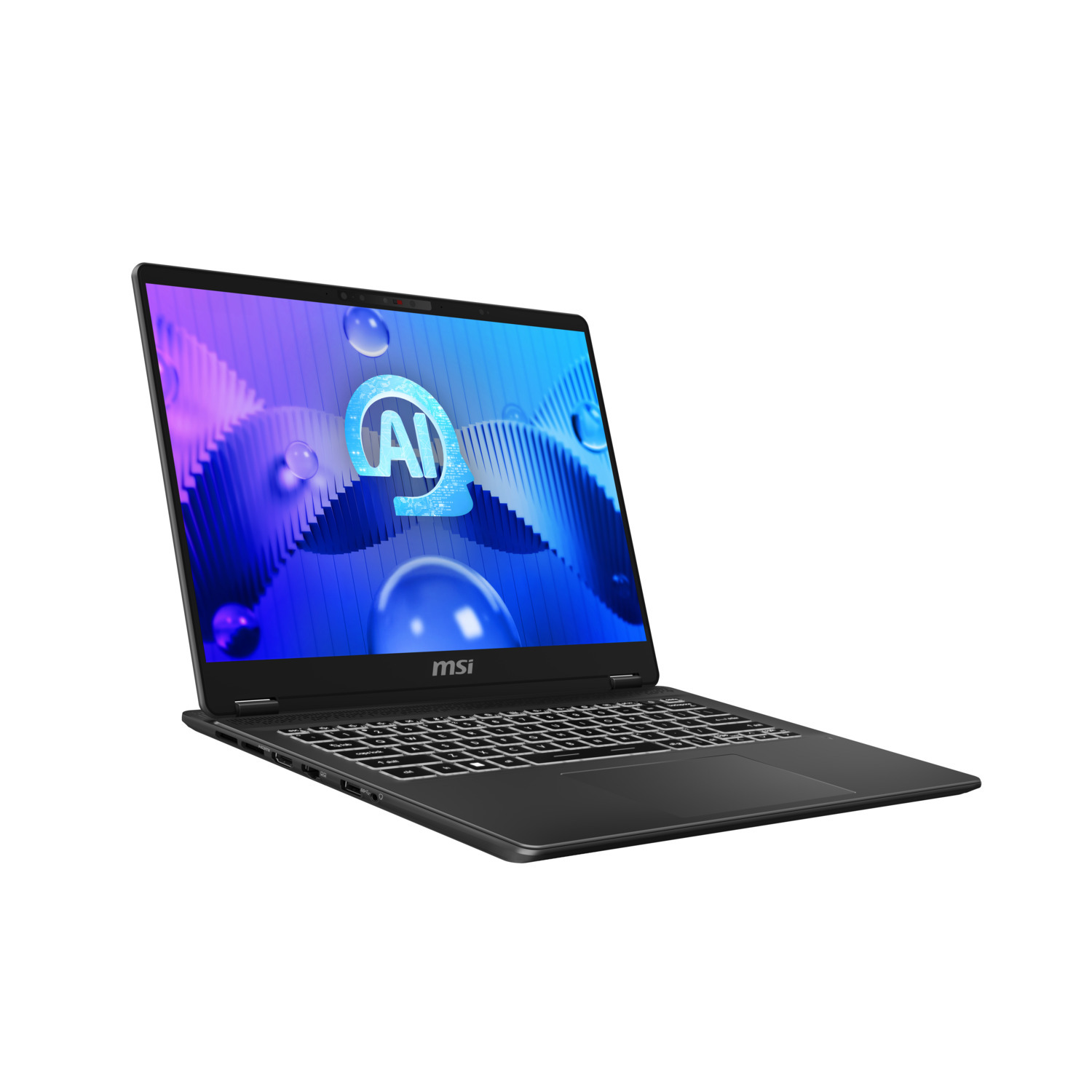 Black MSI laptop open on a white surface, with an AI logo on the screen.