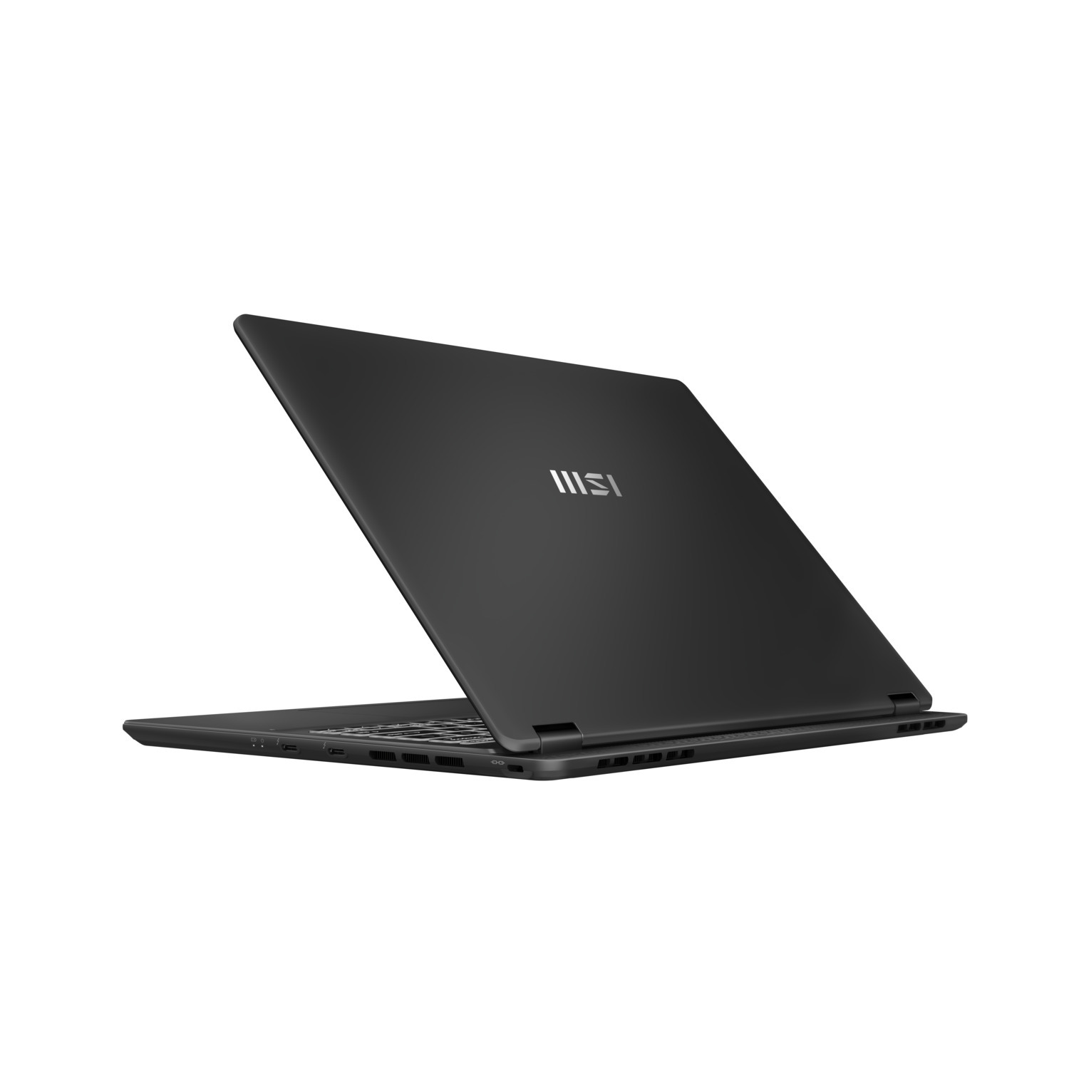 Black laptop, open, angled. White logo at the top. Back view.