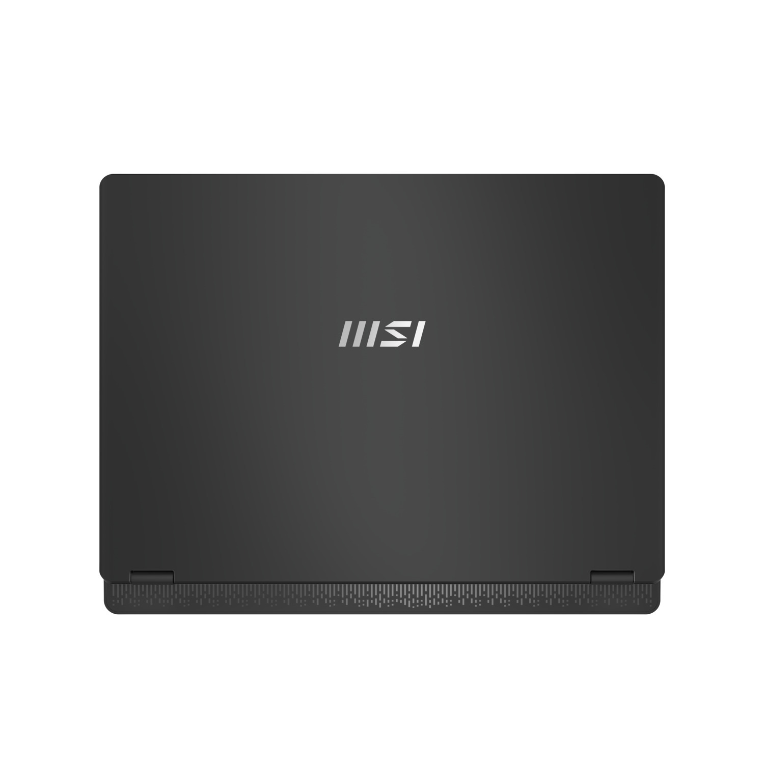 Laptop back view. Black color with MSI logo in the center. There is a vent at the bottom.