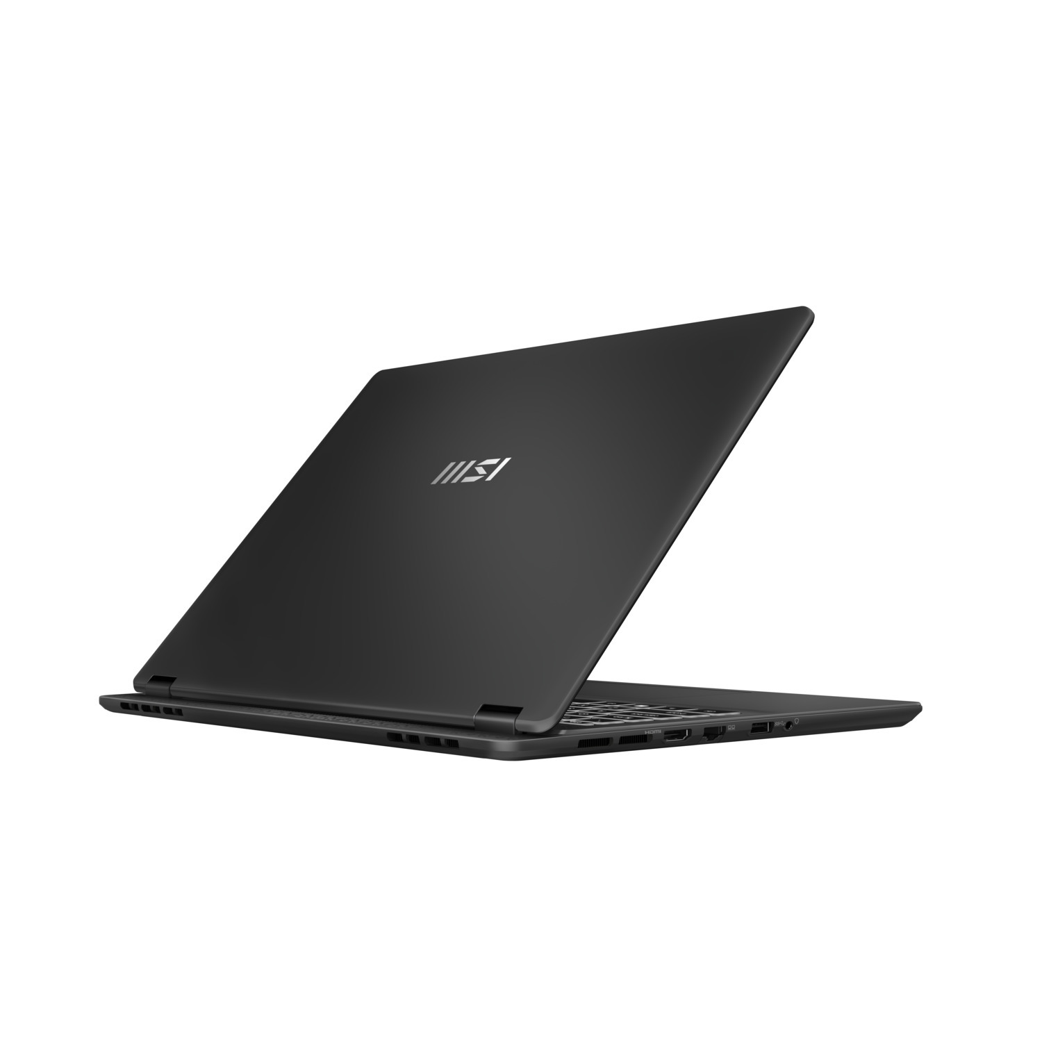 A black laptop with the lid slightly open, showing the back and side ports.