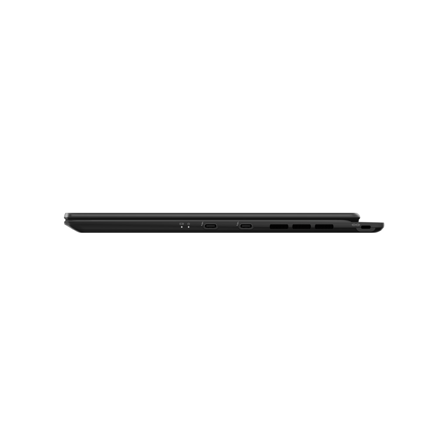 A black laptop from the side, showing ports and the edge of the screen.