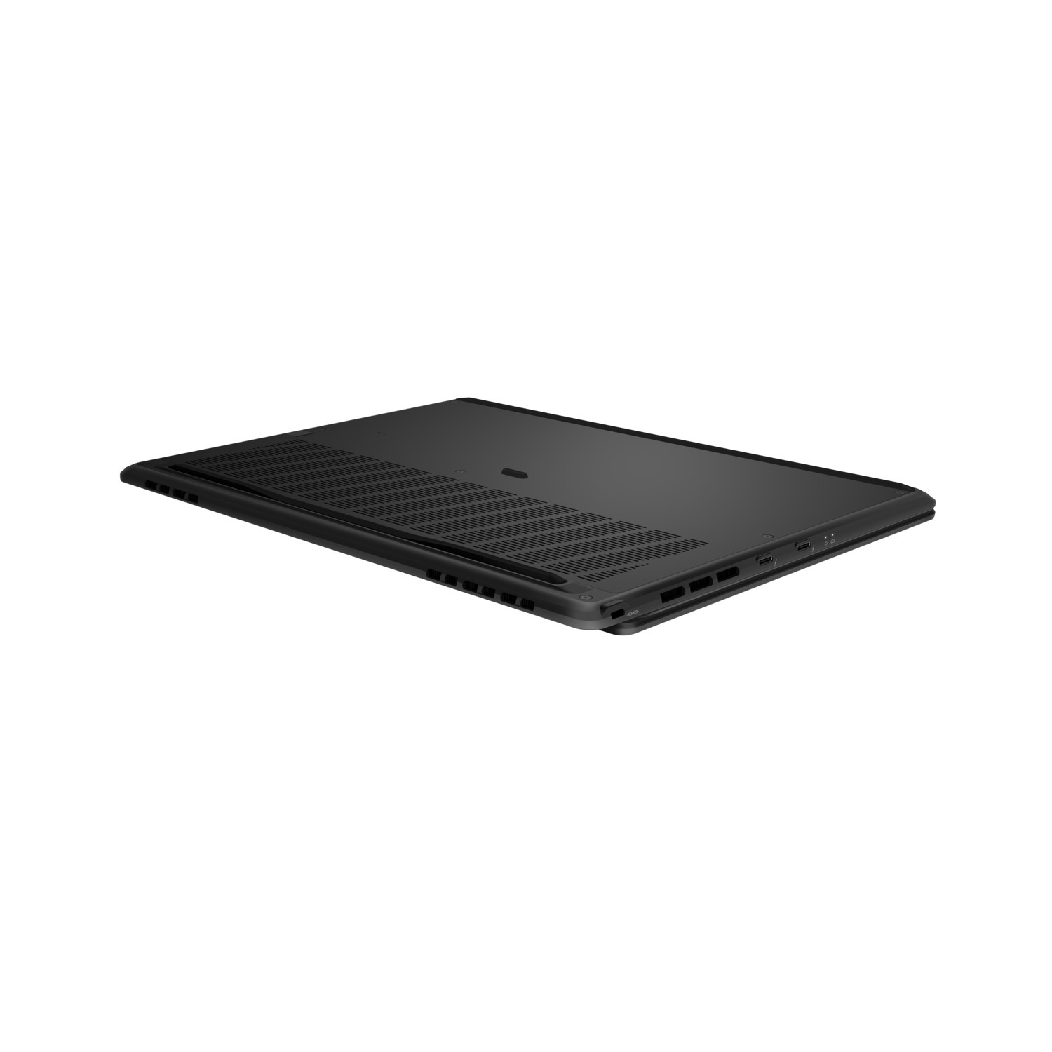 Black laptop, bottom view. Shows the vents and ports. The laptop is closed and angled slightly.