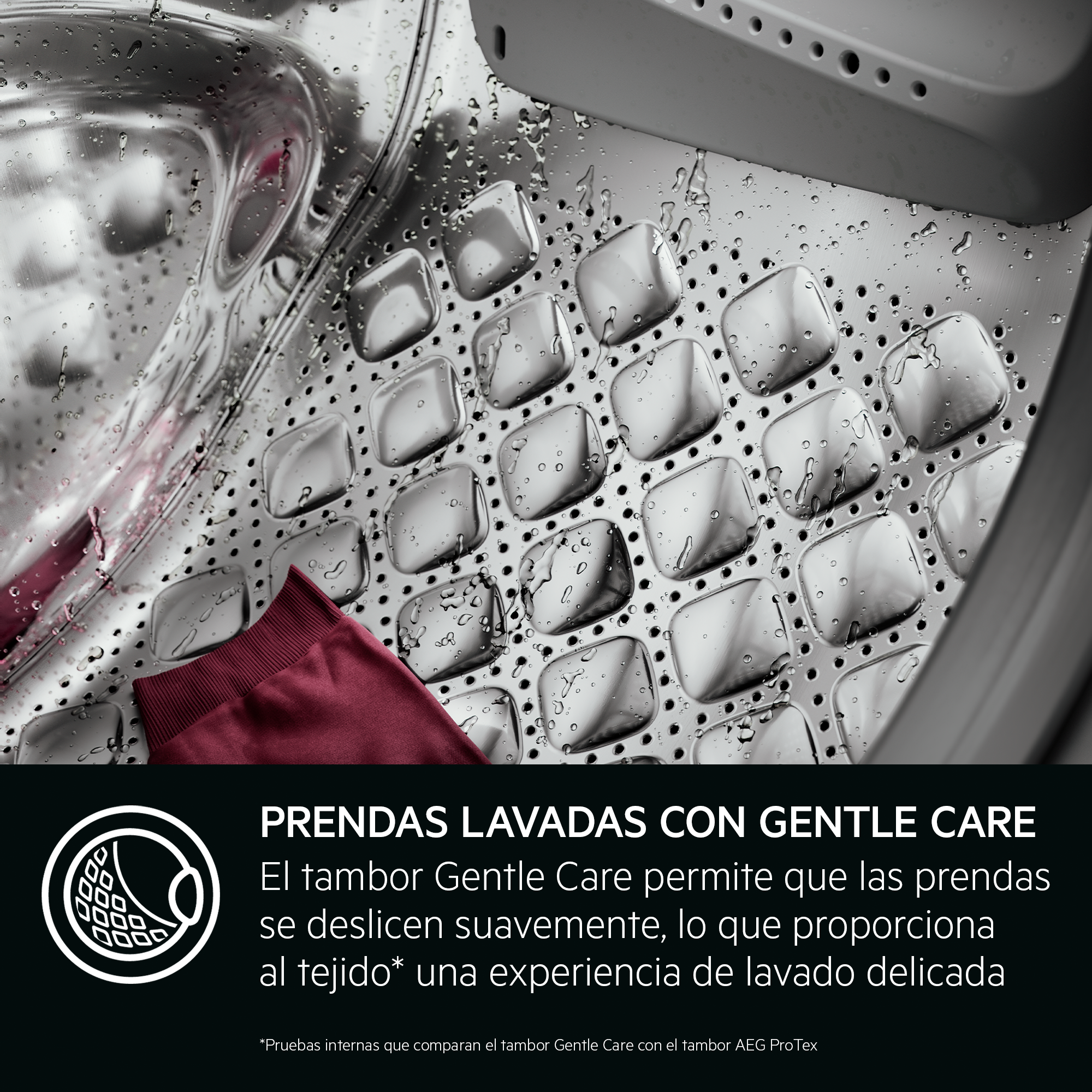 Tambor de lavadora con prenda roja. Texto: Cuidado suave. Detalles del interior del tambor.