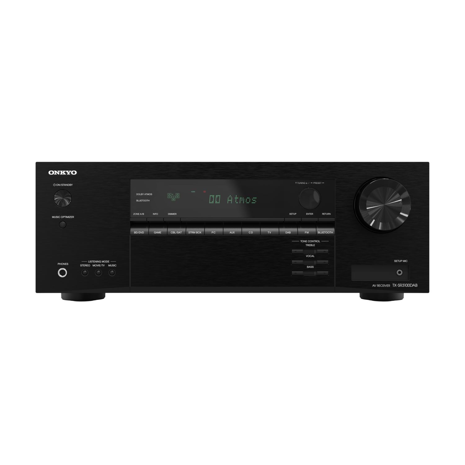 Black Onkyo receiver with various buttons and a display screen. The receiver is on a black surface.