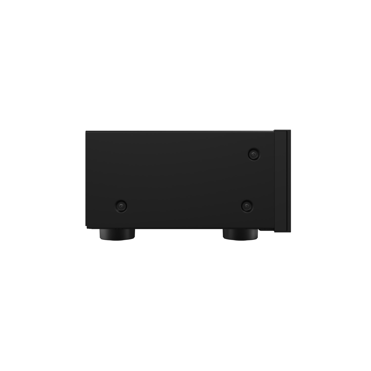 A side view of a black device with rounded corners. There are two round feet and three screws visible.