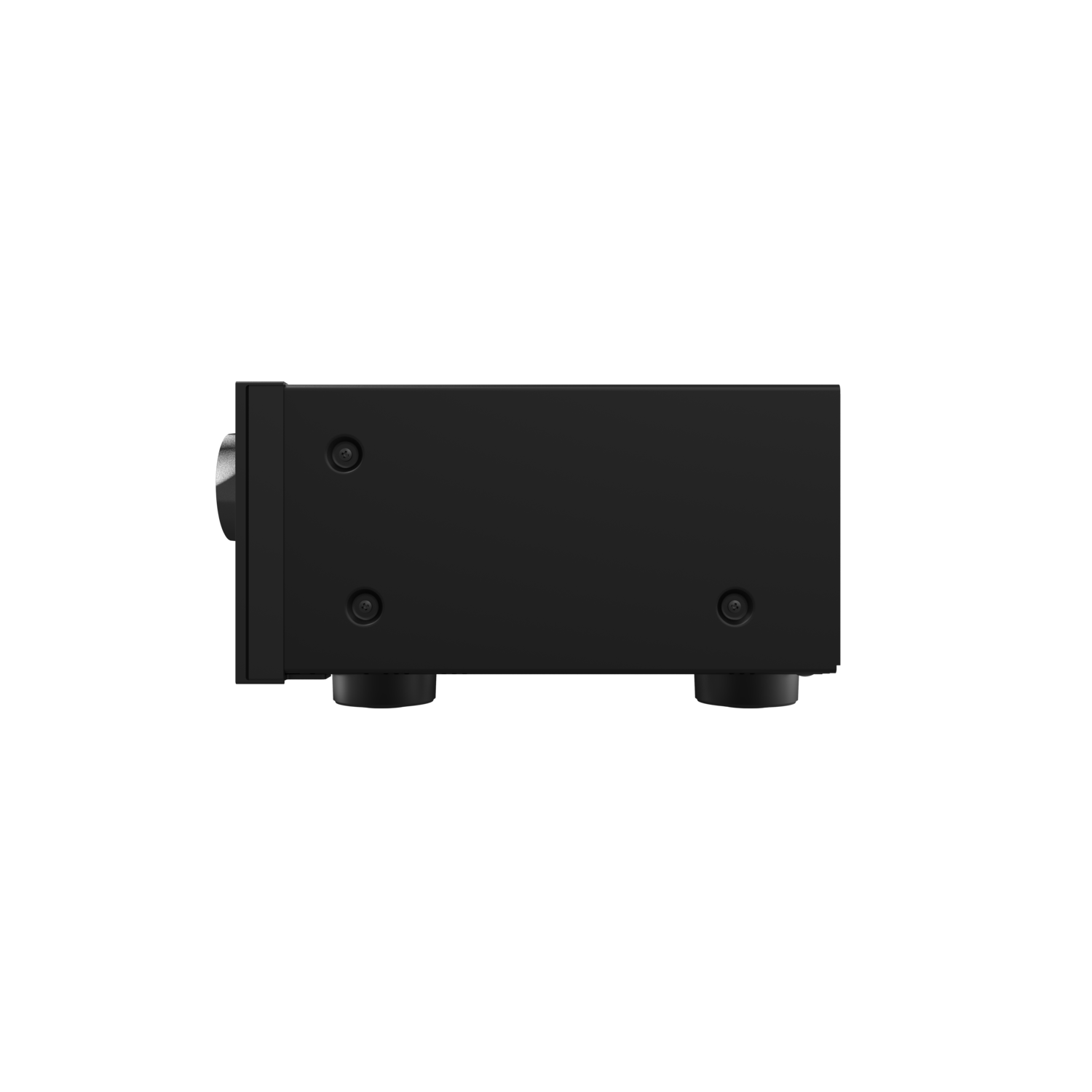 Black electronic device with a knob and two feet. Dark background.