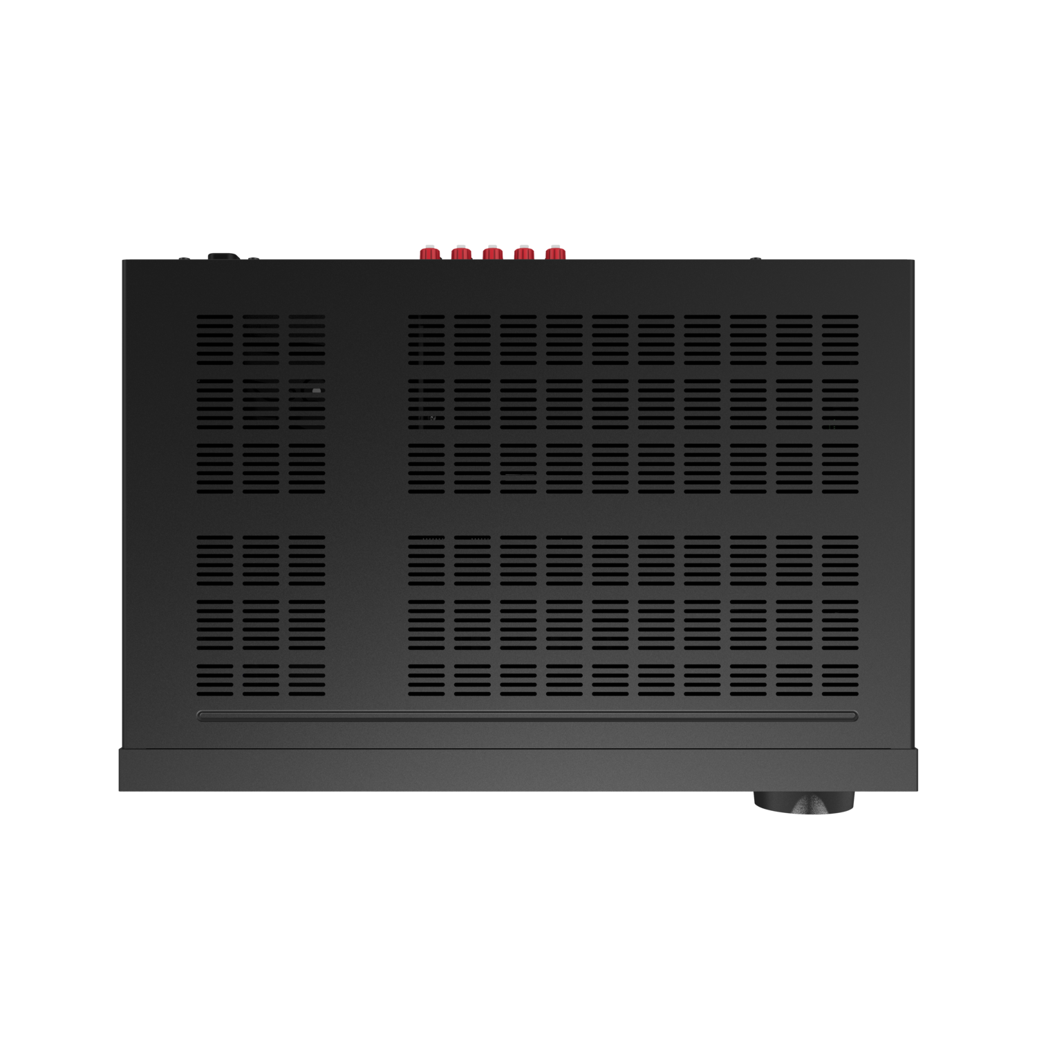 Back of a black device with multiple ventilation slots and a power port.