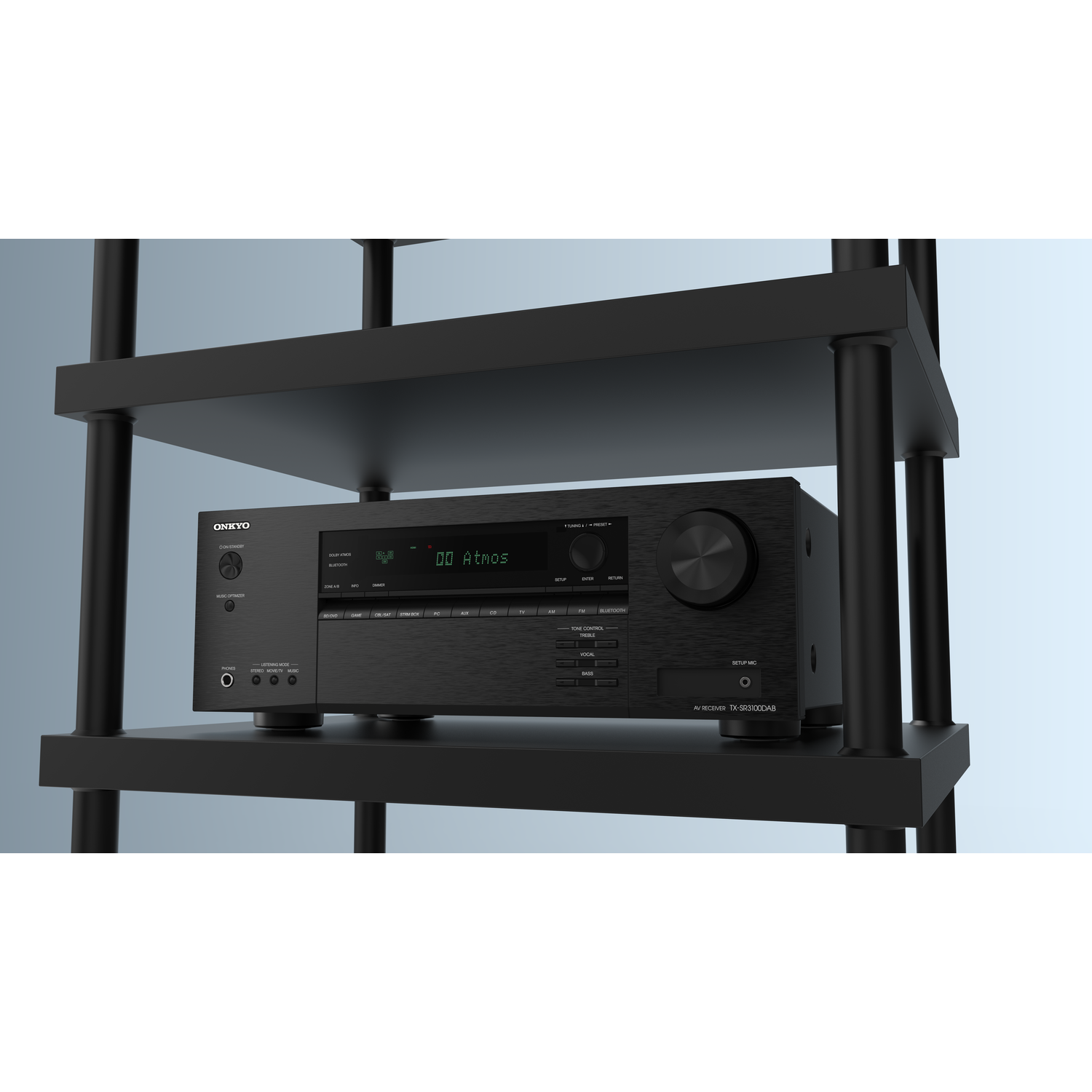 A black Onkyo receiver on a black shelf. The shelf is mounted on a wall.
