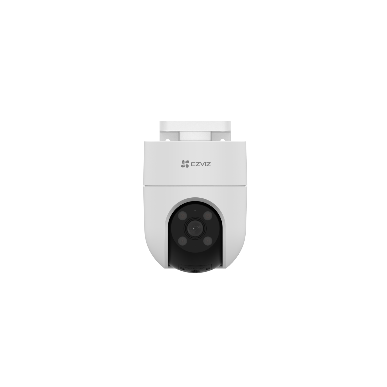 White EZVIZ security camera. It has a dome shape, black lens and the brand logo on the top.