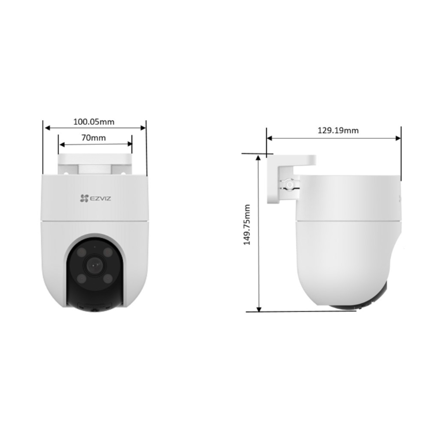 White EZVIZ security camera with dimensions shown, against white background.