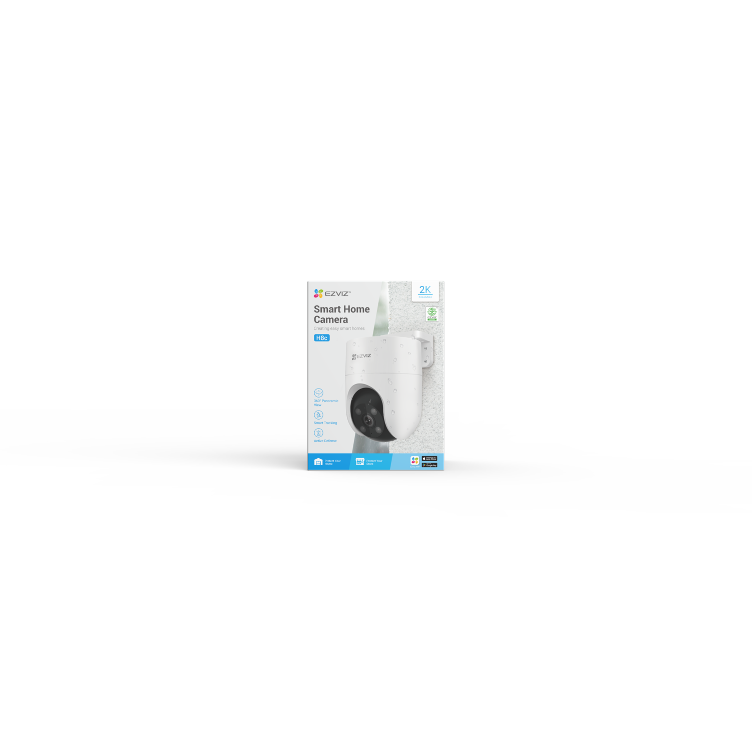 A white smart home camera box with a picture of the camera on it.