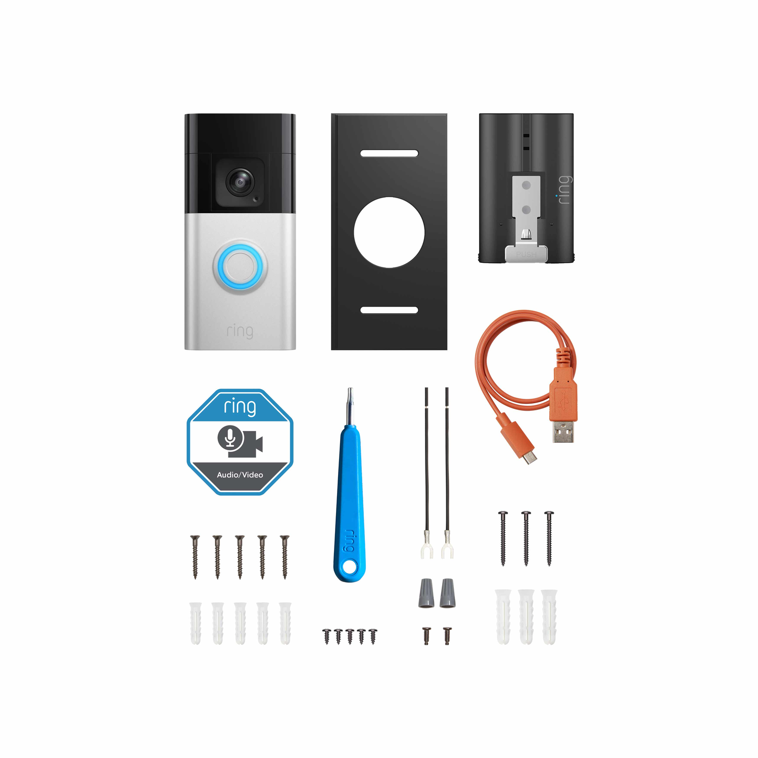 Ring deurbel componenten. Inclusief deurbel, montageplaat, batterij, schroeven en gereedschap.