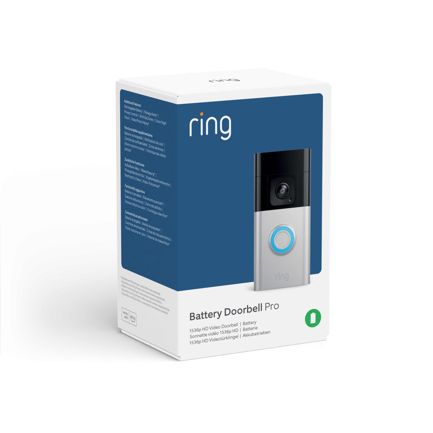 Doos met Ring deurbel, wit en blauw ontwerp, met tekst en een groen label.