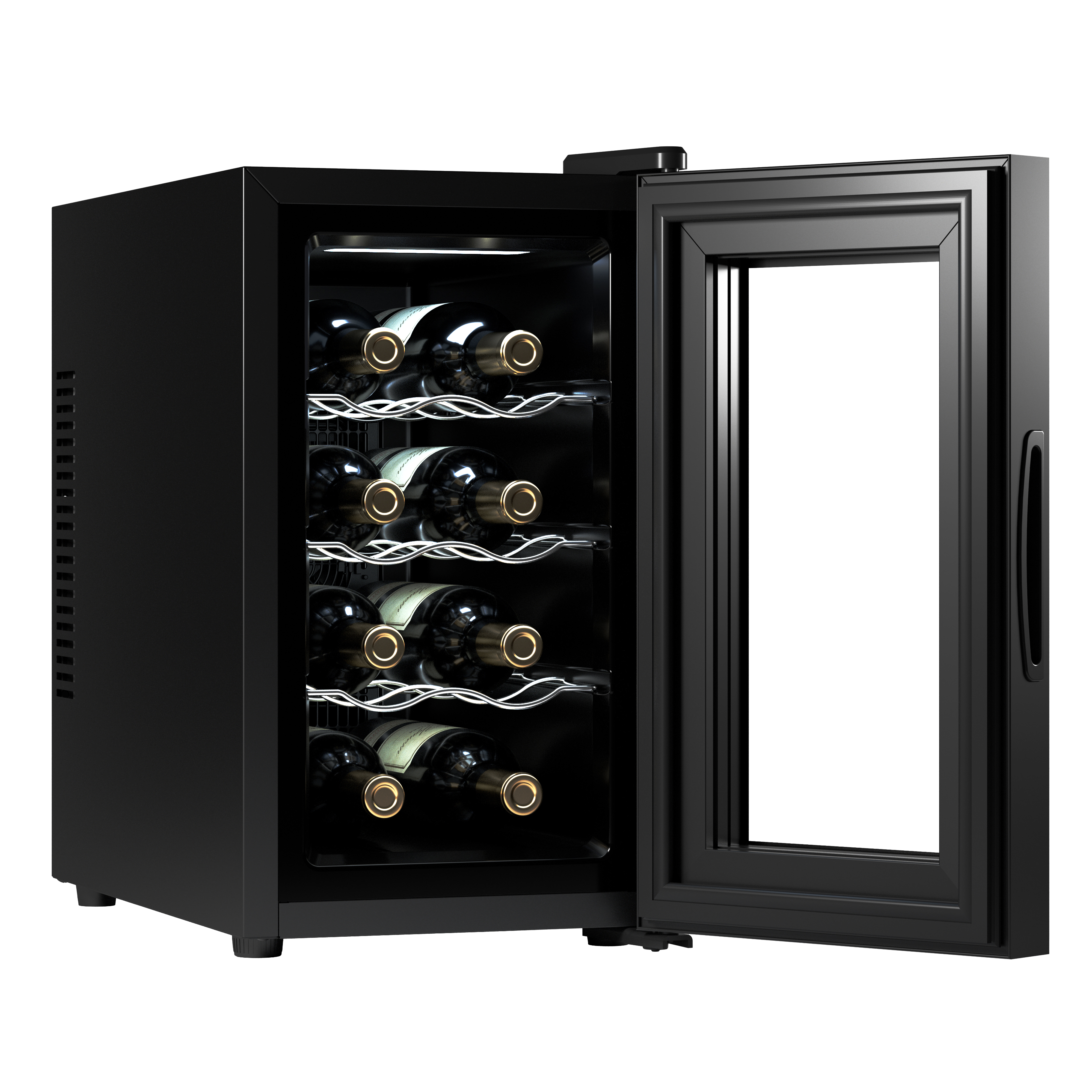 Una nevera para vinos negra con botellas dentro, puerta abierta.