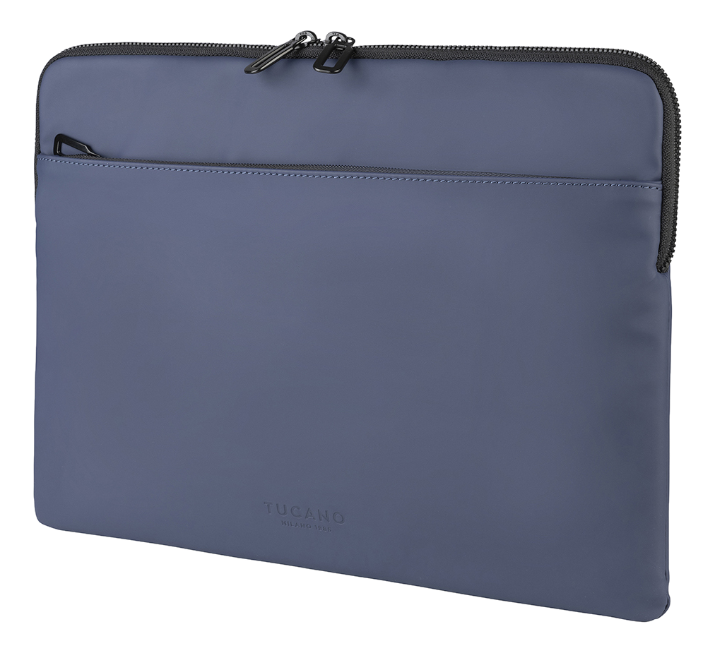 Una custodia blu per laptop Tucano con cerniera, su sfondo nero.